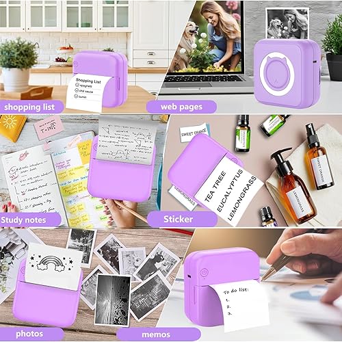 Miniatura 6 de PRINHSJI Impresora de bolsillo para iOS y Android, mini impresora inalámbrica de calcomanías con 10 rollos de papel térmico, mini impresoras