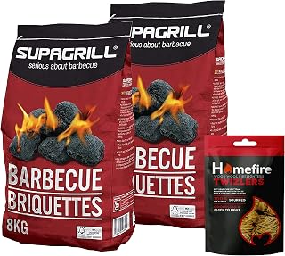 Barbeque Grill Charcoal Bulk of 2 x Supagrill Barbecue Briquettes Charcoal 8kg bags & Homefire Twizlers Wood Wool Firelighters 300g with Topline Card for Outdoor BBQs, Camping, Garden Events.