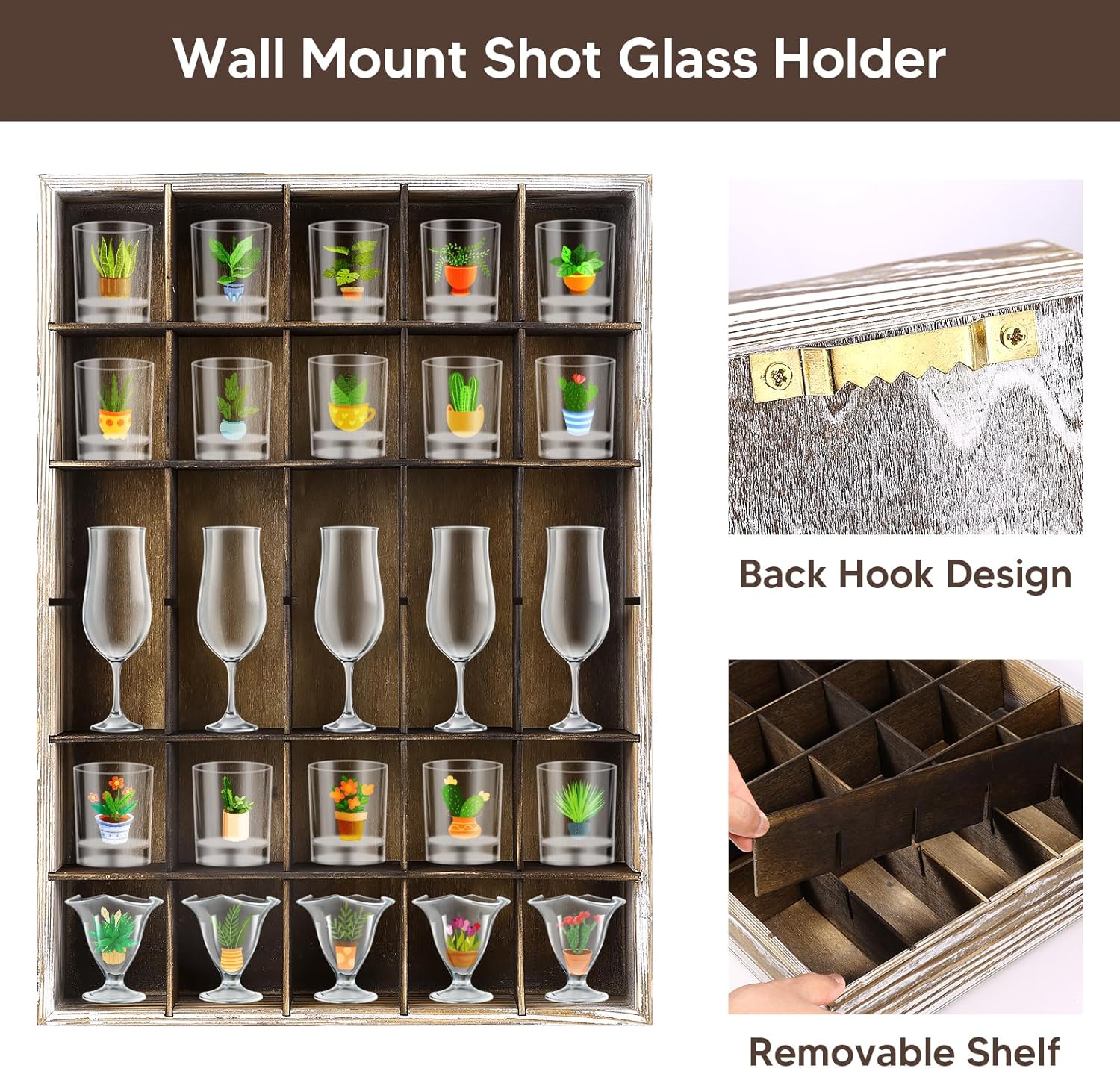 2 Pcs Shot Glass Display Case, Retro Wooden Shot Glass Shelf with Removable Shelves, Wall Mounted Shadow Box Thimble Display Case, 30 Slots