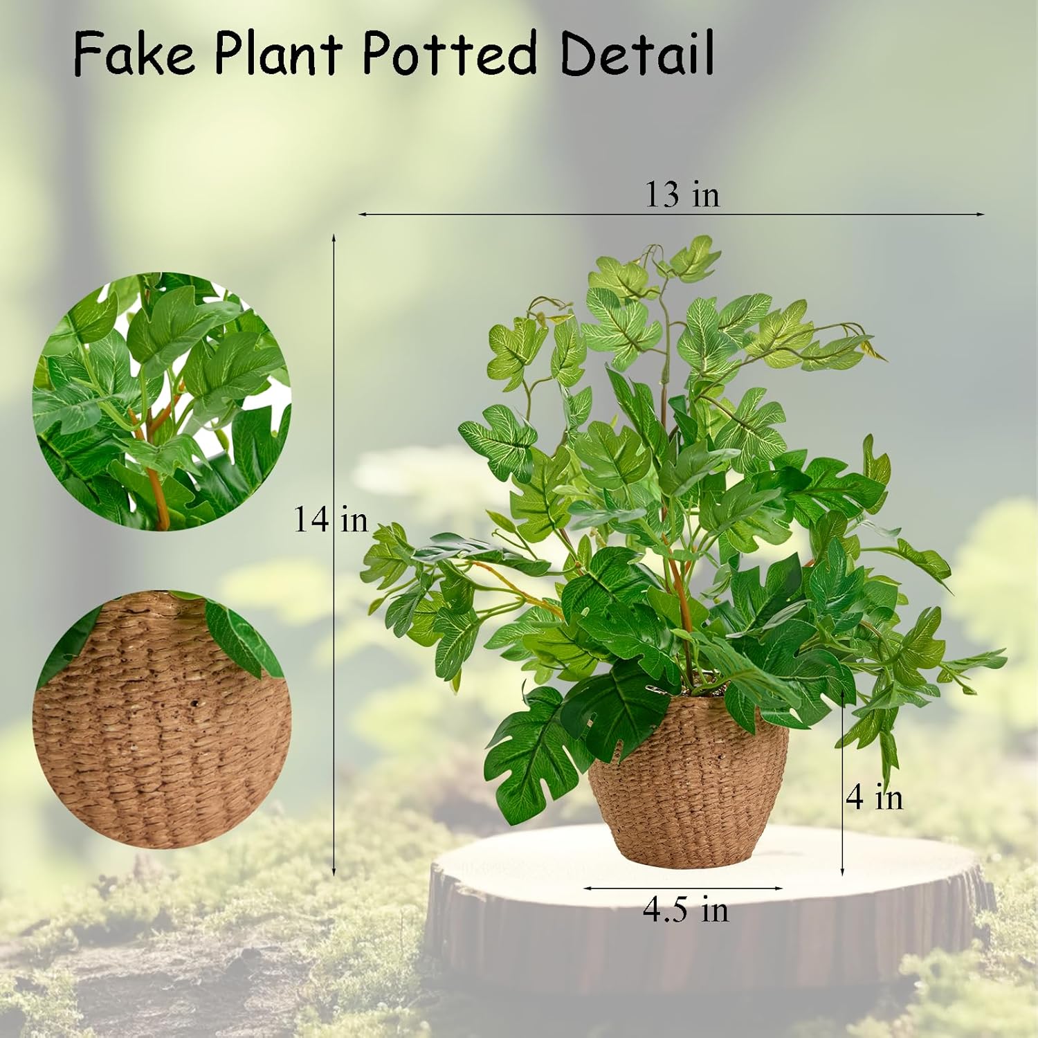 14'' Decorative Faux Monstera Plant Potted in Yellow Woven Ceramic Planter Realistic Fake Greenery Artificial Plant for Home Office Bathroom Kitchen Bedroom Tabletop Decor - Image 3