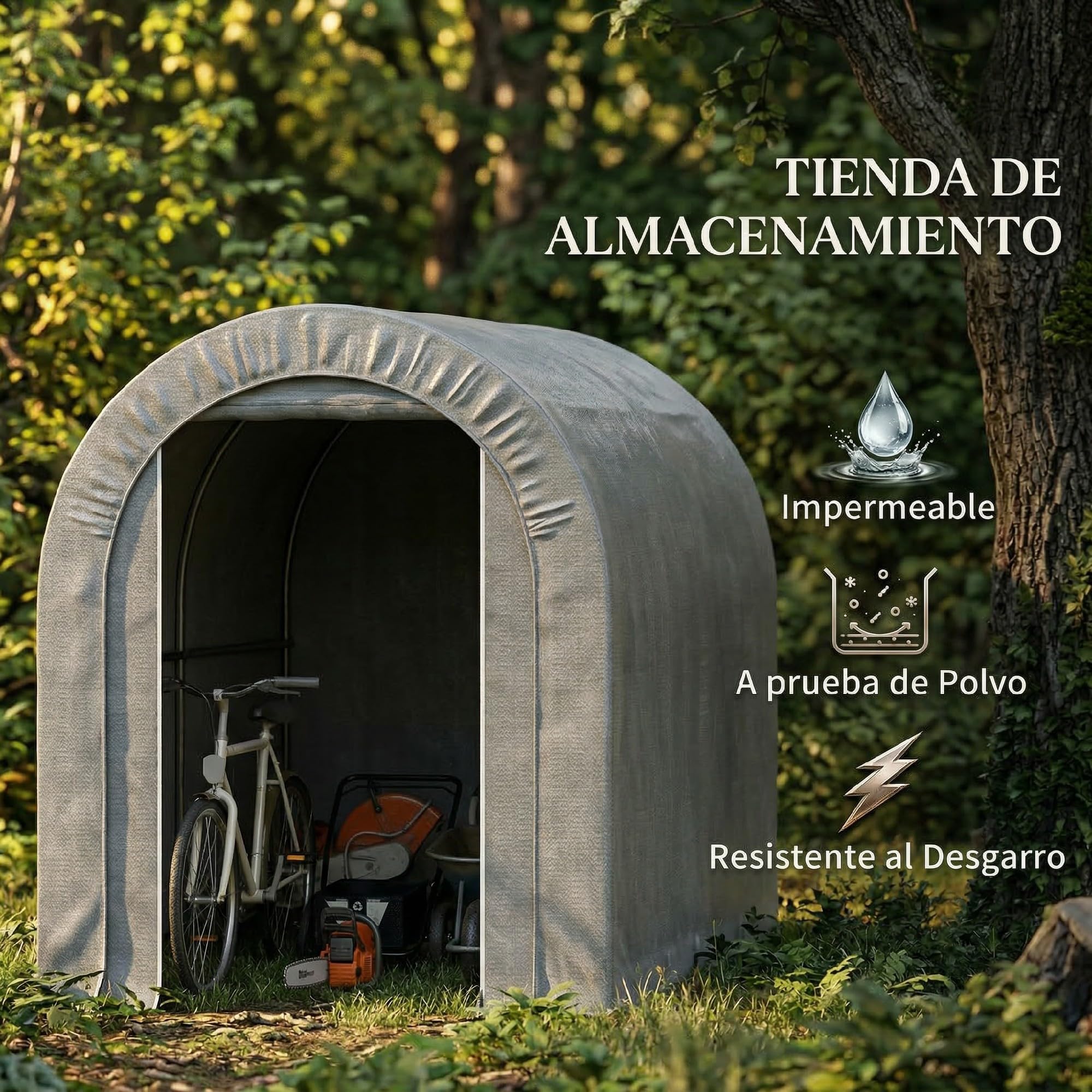 Outsunny Carpa de Jardín Exterior Impermeable 2,4x1,6x1,9 m Gris Claro | Para Herramientas y Bicicletas, Cobertizo Moto, Marco de Acero, Garaje Portátil, Puerta Enrollable con Cremallera