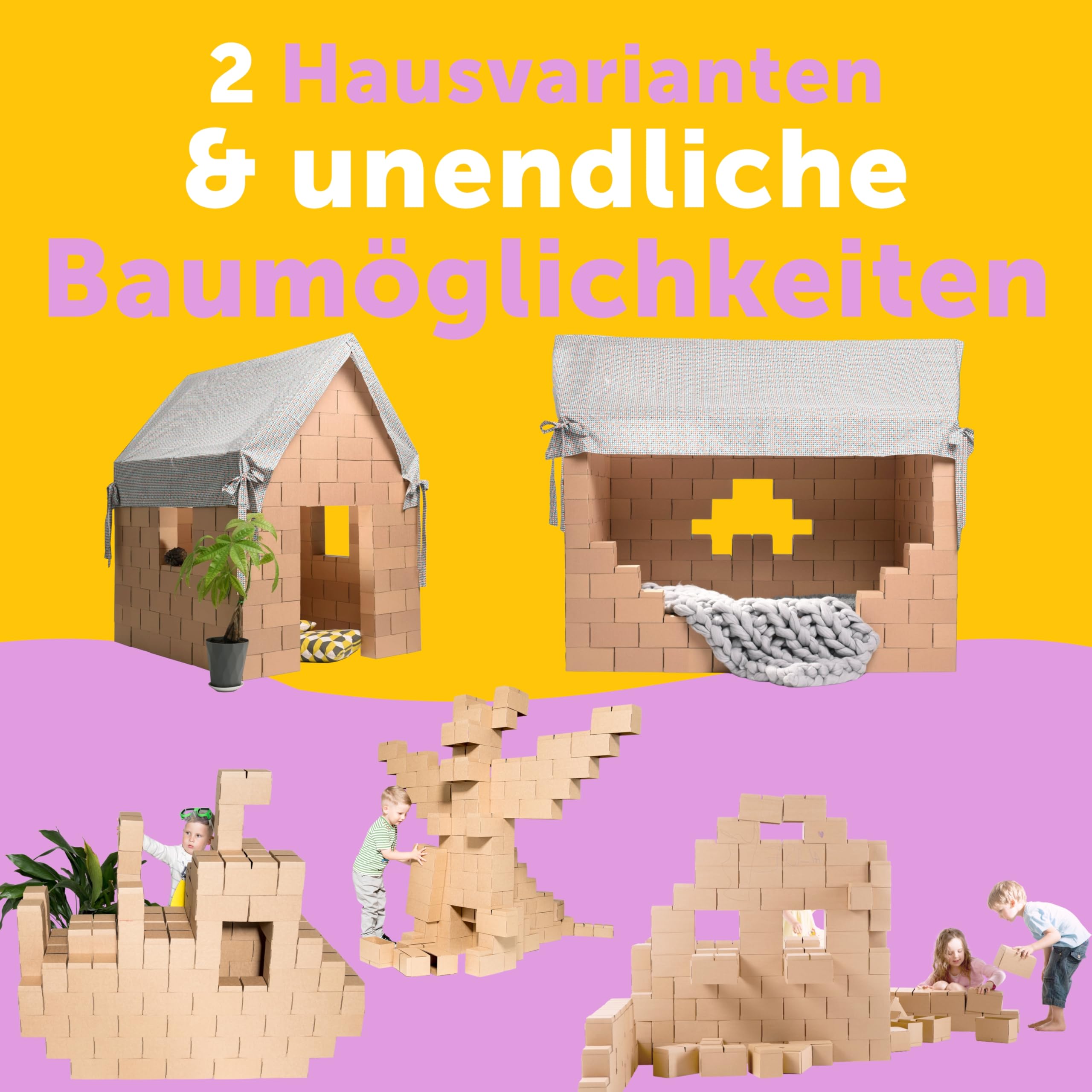 Gigi Bloks Spielhaus Kinder Indoor | Baukit mit 203 XXL Bausteine zum Erstellen von Papphaus für Kinder | Robustes Kinderbett Haus Konstruktionsspielzeug & Einfach zu Montierende Spielzelt