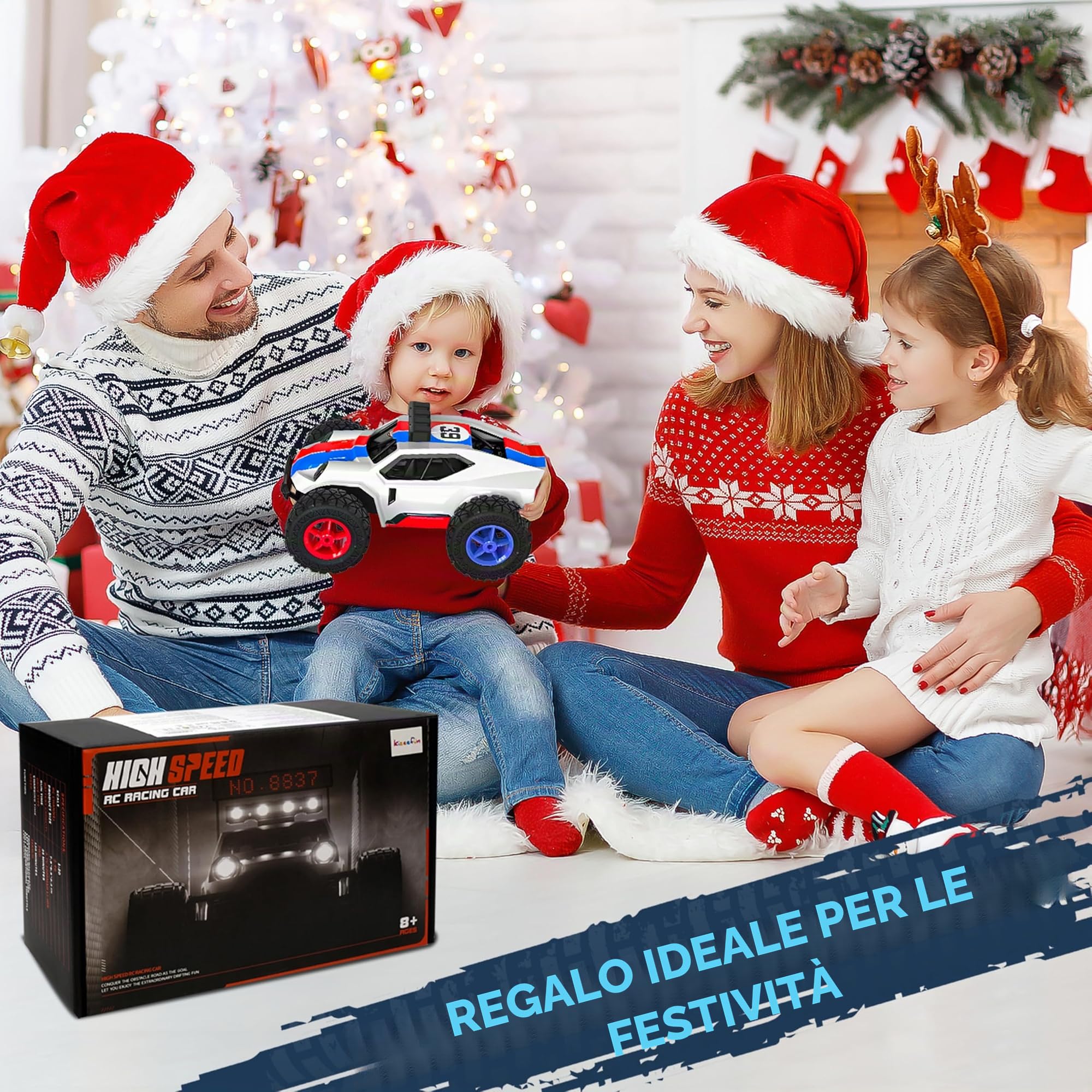 Kizeefun - Auto telecomandata, 2,4 GHz, scala 1/20, fuoristrada, raggiunge i 20 km/h, tutti i terreni, giocattolo elettrico, con 2 batterie, autonomia di 50 minuti, con fari LED, regalo per bambini