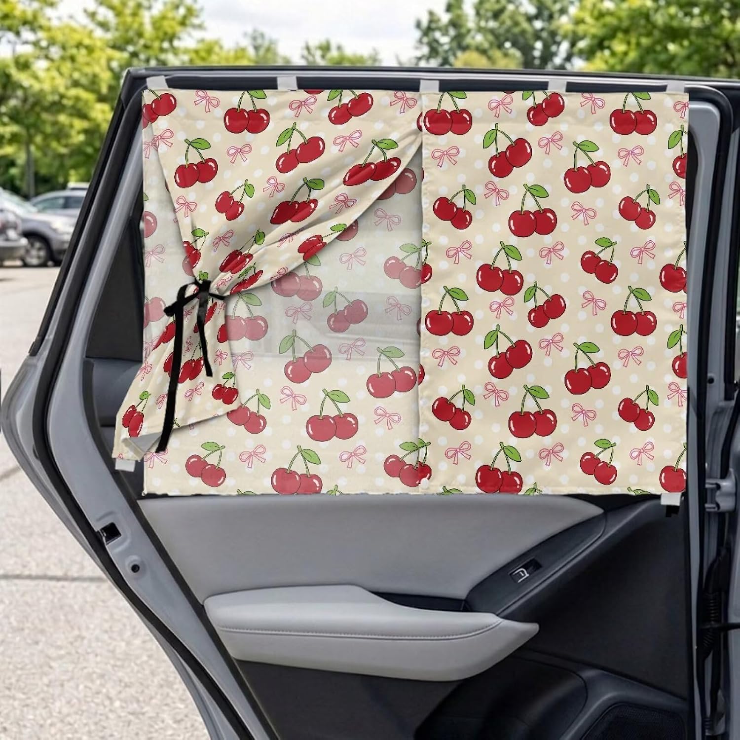 Wanyint Car Window Sun Shade for Baby, Heat Blocker UV Protection Sunshade Cover, Privacy Blackout Dual Layer Auto Interior Curtain Universal Fits, Cherry Bow Polka Dots