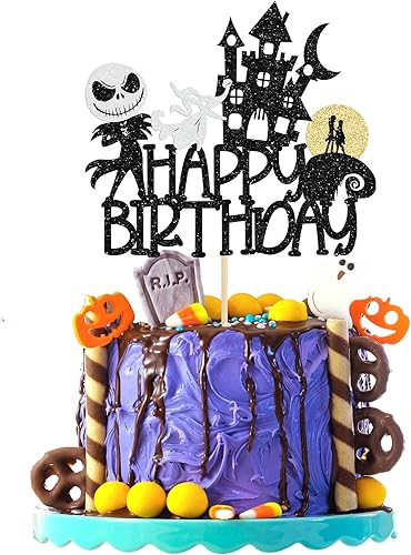1 pieza de decoración de pastel de Halloween con purpurina Jack y Sally calabaza murciélago castillo fantasma Halloween pastel Pick para Halloween