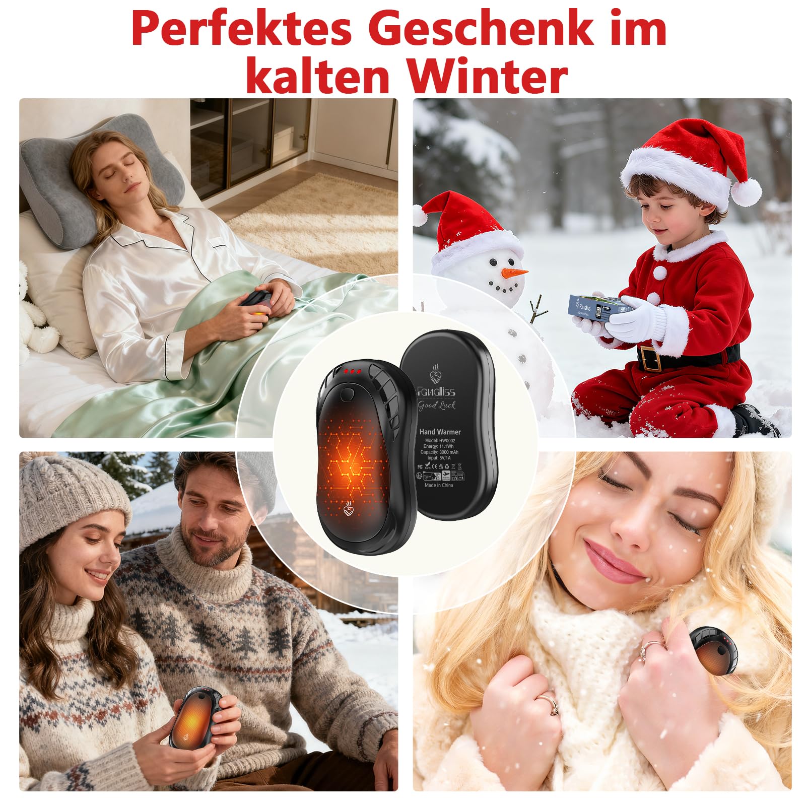Handwärmer Elektrisch Split 2er-Pack mit USB, 3 Heizmodi Tragbare Elektrischer Taschenwärmer für Outdoor im Winter 6000mAh,Handwärmer Wiederaufladbar für Outdoor Sport