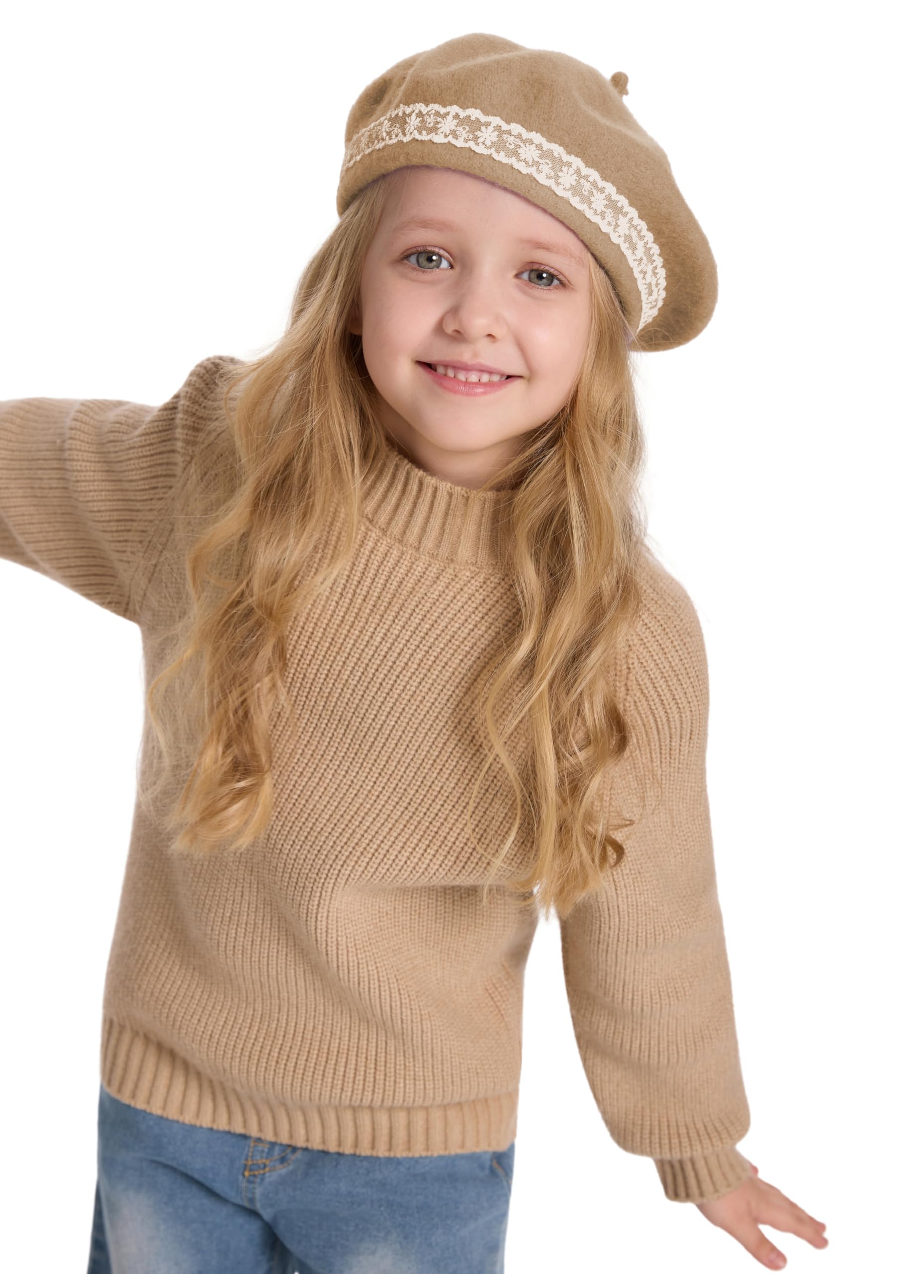 ZLYC Wool Kids Beret Hat Girls Solid Color Artist French Beret Cap(Lace Camel),One Size - Image 4