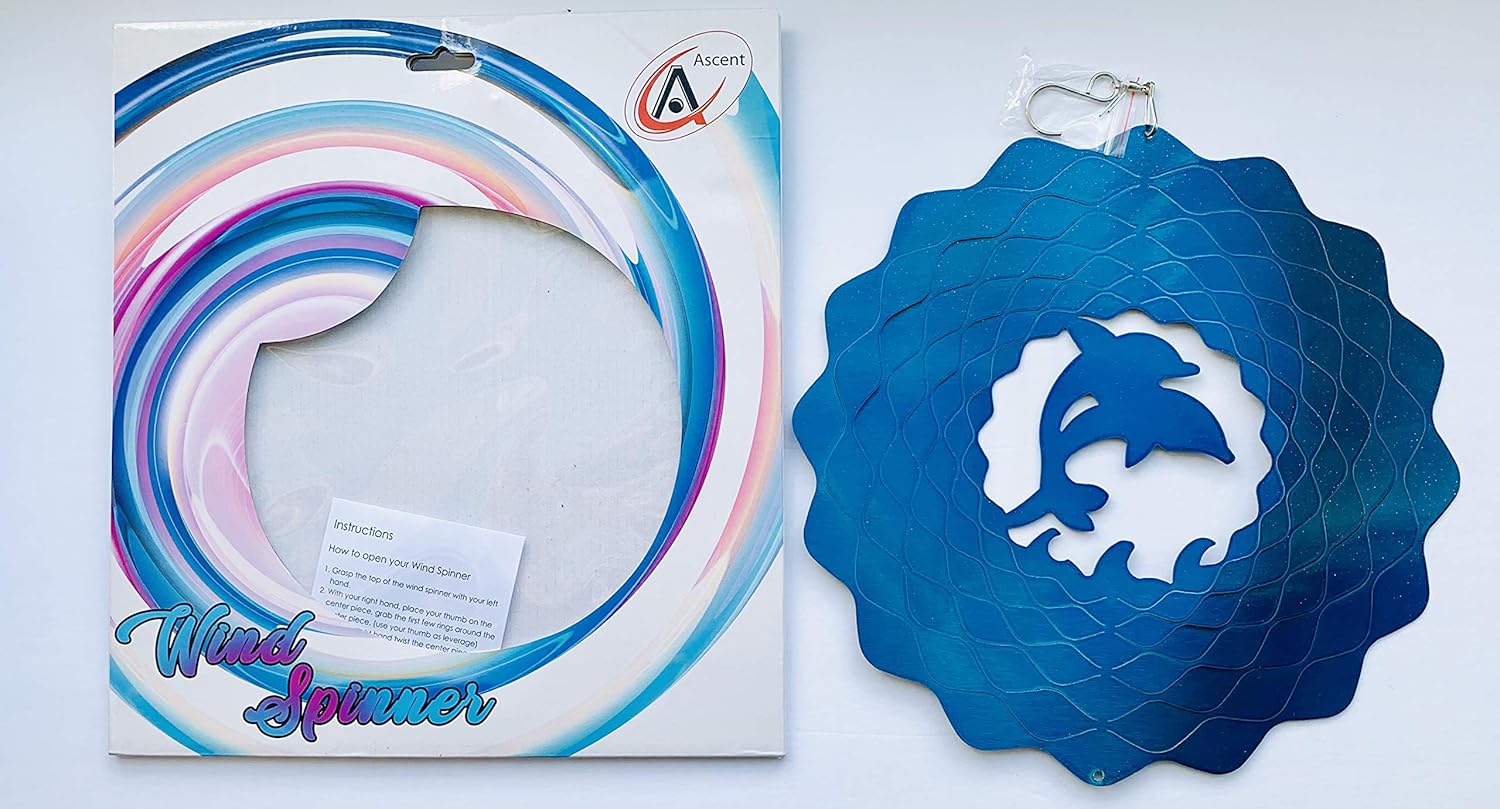 Dundee Deco W1210 Wind Spinner in Gift Box - 3D Hanging Indoor Outdoor Yard Garden Decoration - Mandala - Dolphins, Stars - Blue - 12 inch - Unique Gift Idea for Men Women, Souvenir, Present