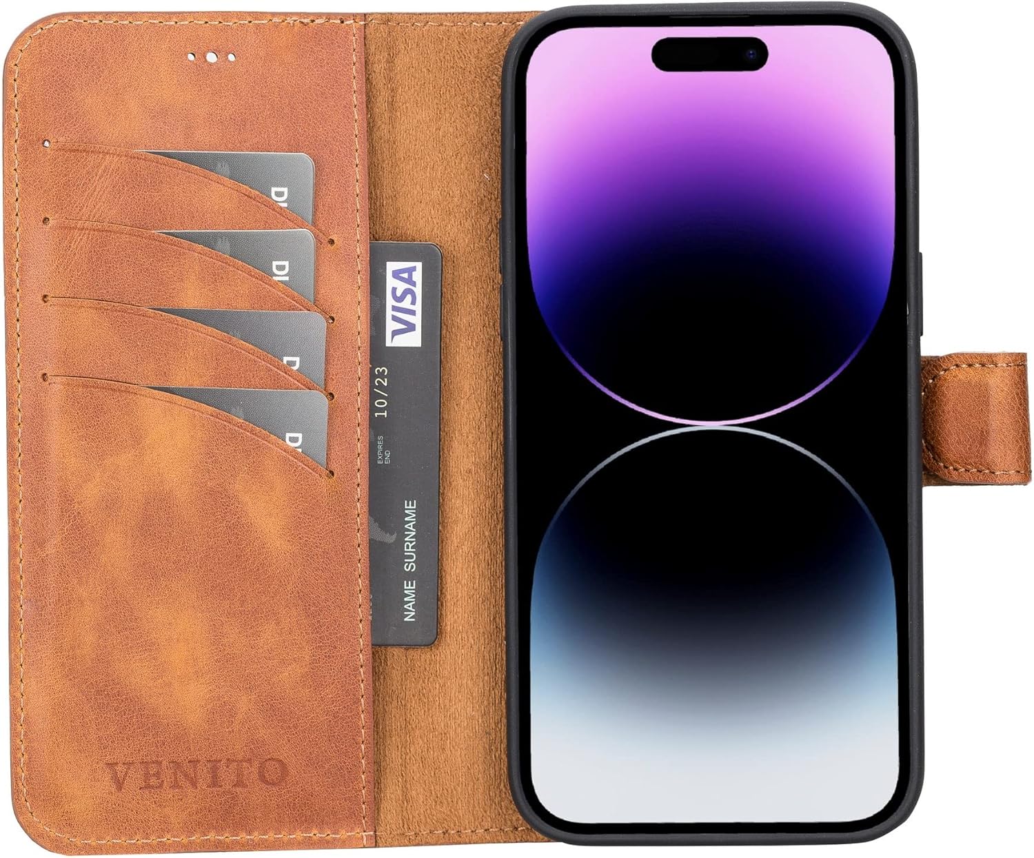 Venito Slim Magic Leather Wallet Case for iPhone 14 Pro Max (6.7" Antique Brown)