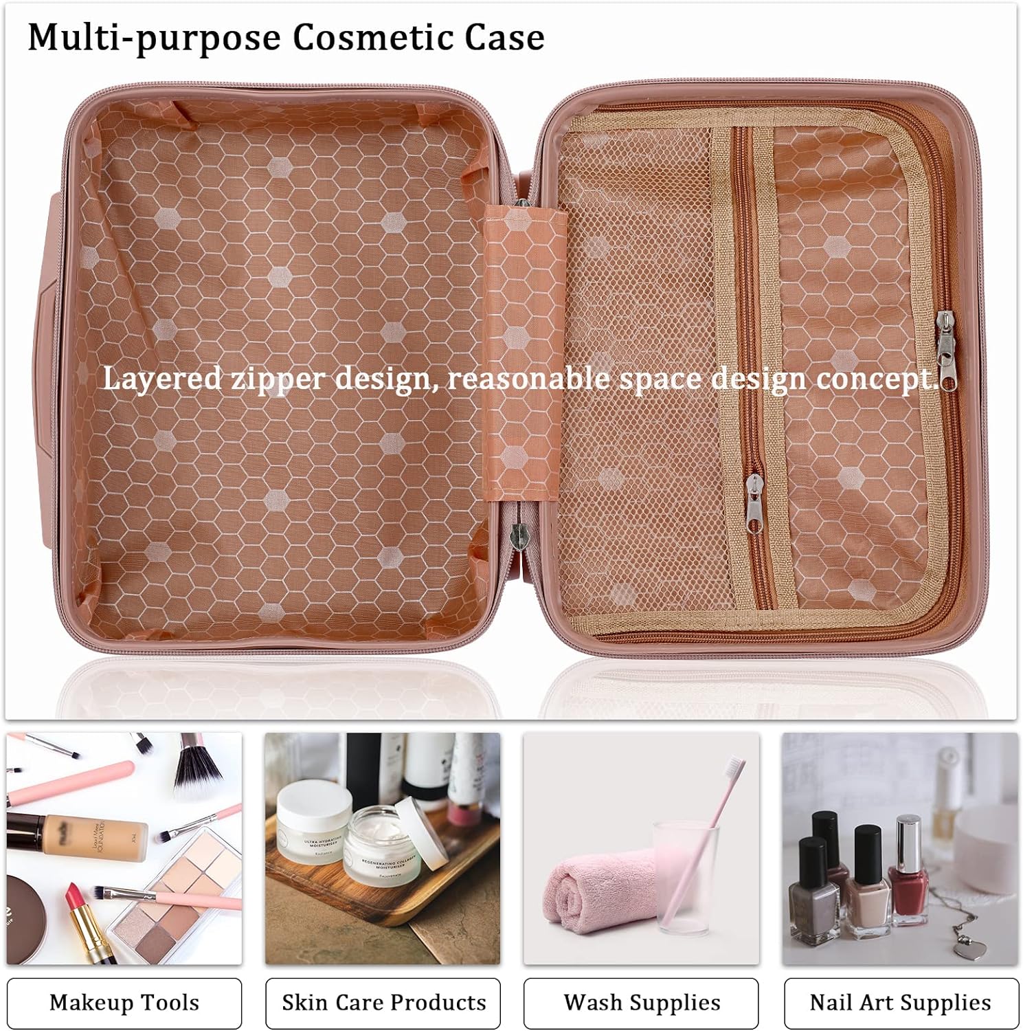 Portable Hard Shell Cosmetic Travel Case, Small Travel Hand Luggage with Elastic Band, Mini ABS Carrying Makeup Case Suitcase, Rose Gold