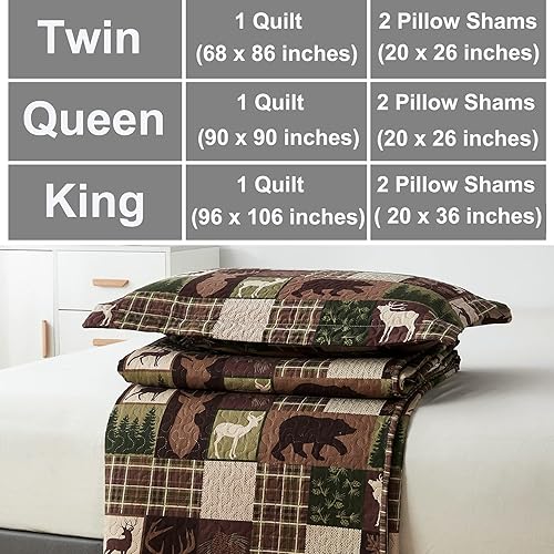 Miniatura 7 de Alce Lodge Juego de ropa de cama acolchonada tamaño Individual (68 x 86 pulgadas). Juego de edredón ligero para cama diseño de cuadros, osos,