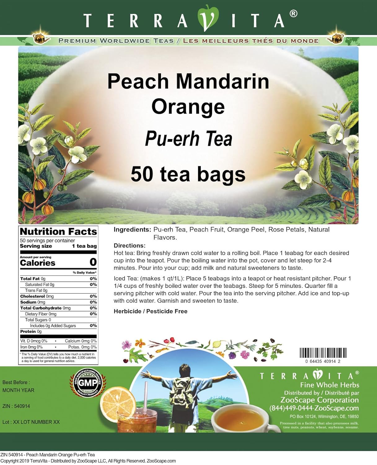 Peach Mandarin Orange Pu-erh Tea (50 tea bags, ZIN: 540914)