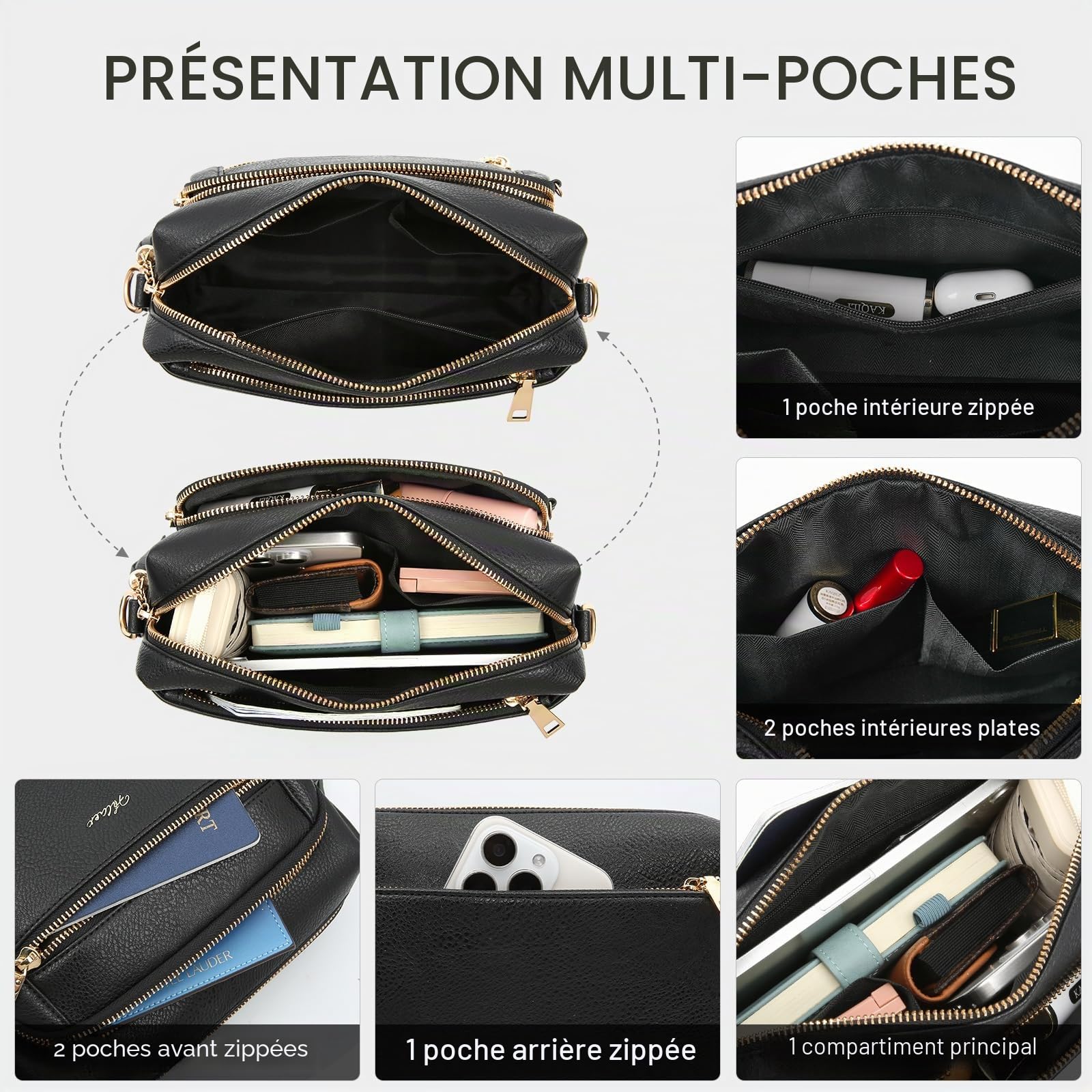 Sacs Bandoulière Femme avec Antivol, Sac a Main Femmes Bandoulieres 4 Compartiments, en Cuir PU avec Sangle Réglable et Large Amovible