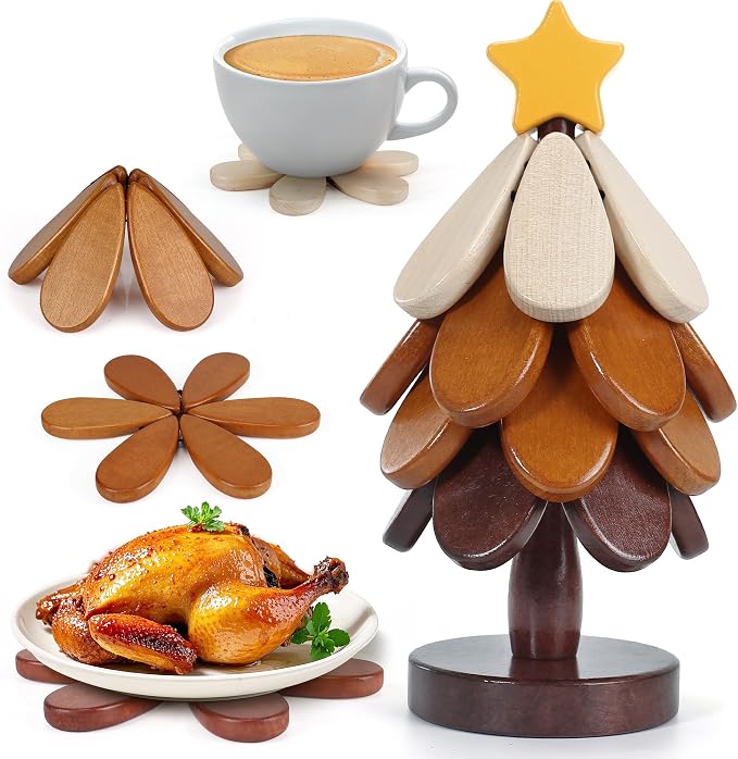 Wooden Trivets for Hot Dishes, Trivet Tree Christmas Tree Trivet Coasters Set of 5 for Hot Pot Pans Bowls Drinks Plates, Table Decor Coaster for Home and Restaurant