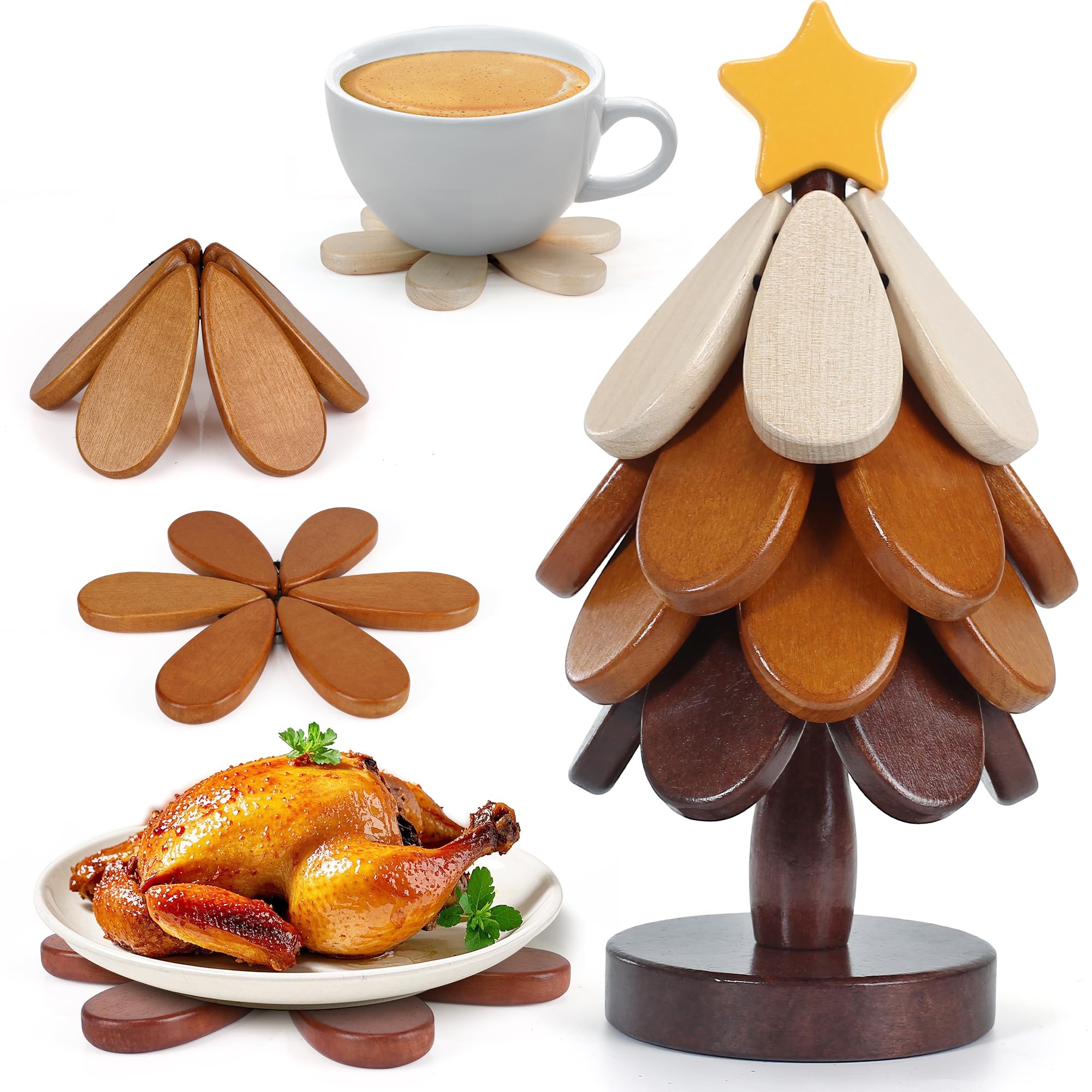 Hinpote Wooden Trivets for Hot Dishes, Tree Trivet Wooden Tree Coasters Christmas Tree Coasters Set of 4, Table Decor Coaster for Home and Restaurant
