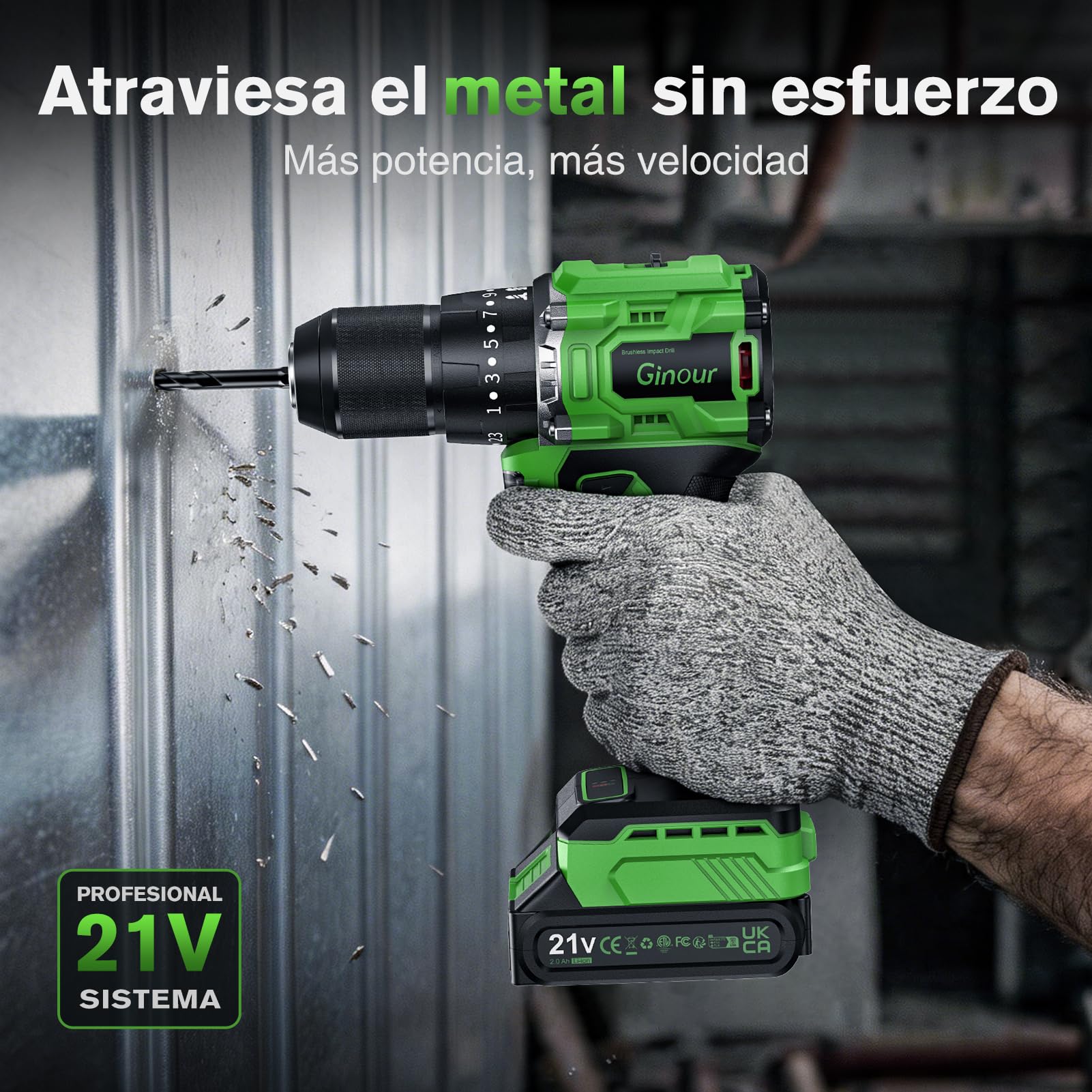 Ginour Taladro Percutor a Bateria sin escobillas 50Nm, 21V Atornillador | con 1x2Ah Baterías compatible con Makita 18V, 23+3 Par, 2 Velocidad Destornillador Electrico con función impacto