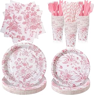 Yungyan 218 Pcs Floral Party Plates Pink and White Tableware Set Disposa...