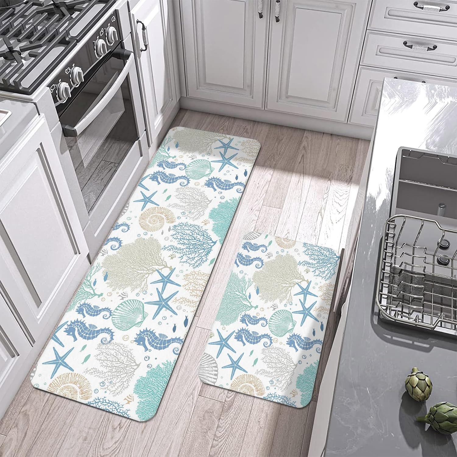 Coastal Blue Seahorse Kitchen Mats Set of 2 Summer Starfish Shell Coral Nautical Ocean Non Slip Mat Washable Floor Rug for Kitchen Sink Floor Laundry, 19.7"x31.5"+19.7"x63"