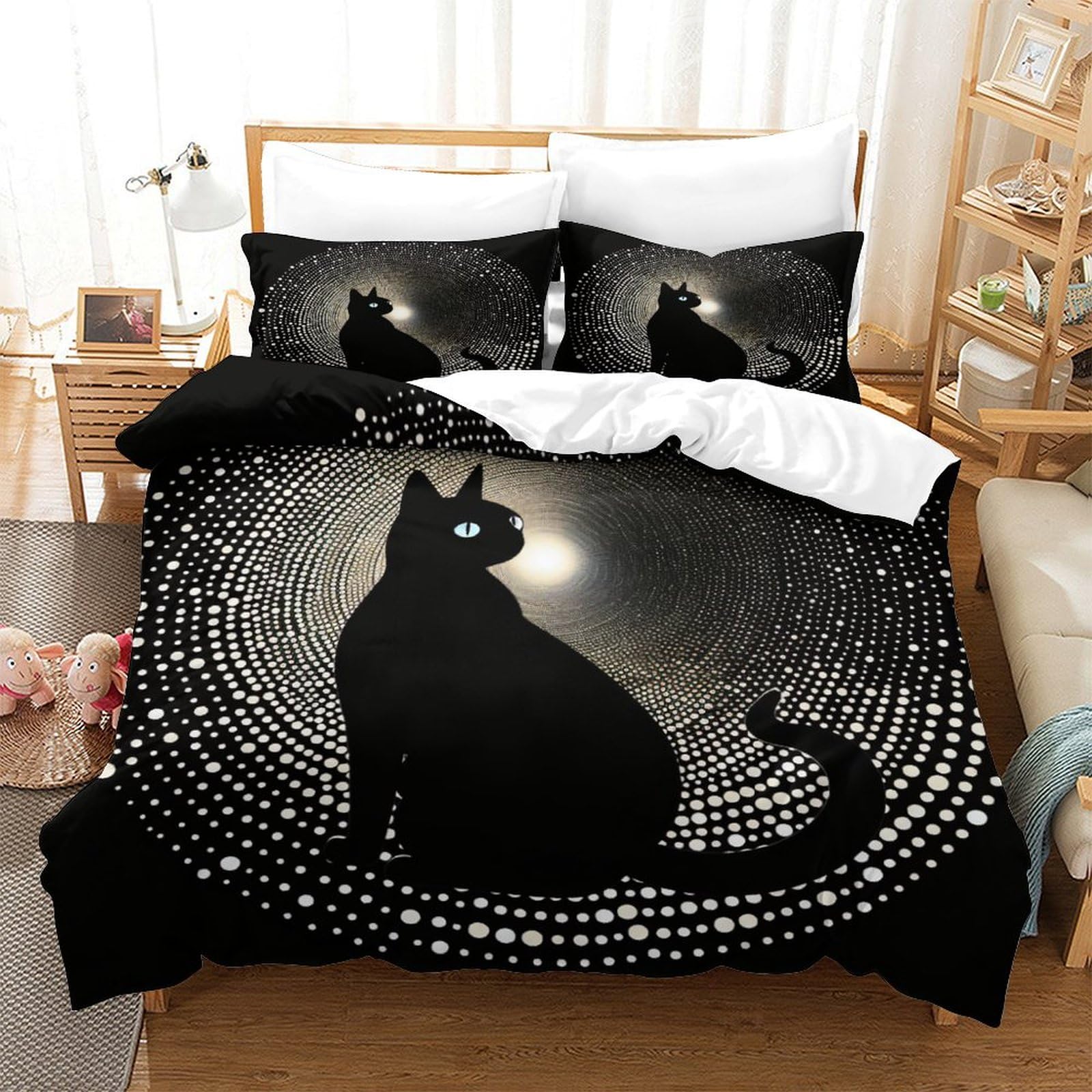 P1S9U7W5Y Trendy Black Cat 3D Printed Duvet Cover Set 3pcs Microfiber Night Cat Bedding Set Double