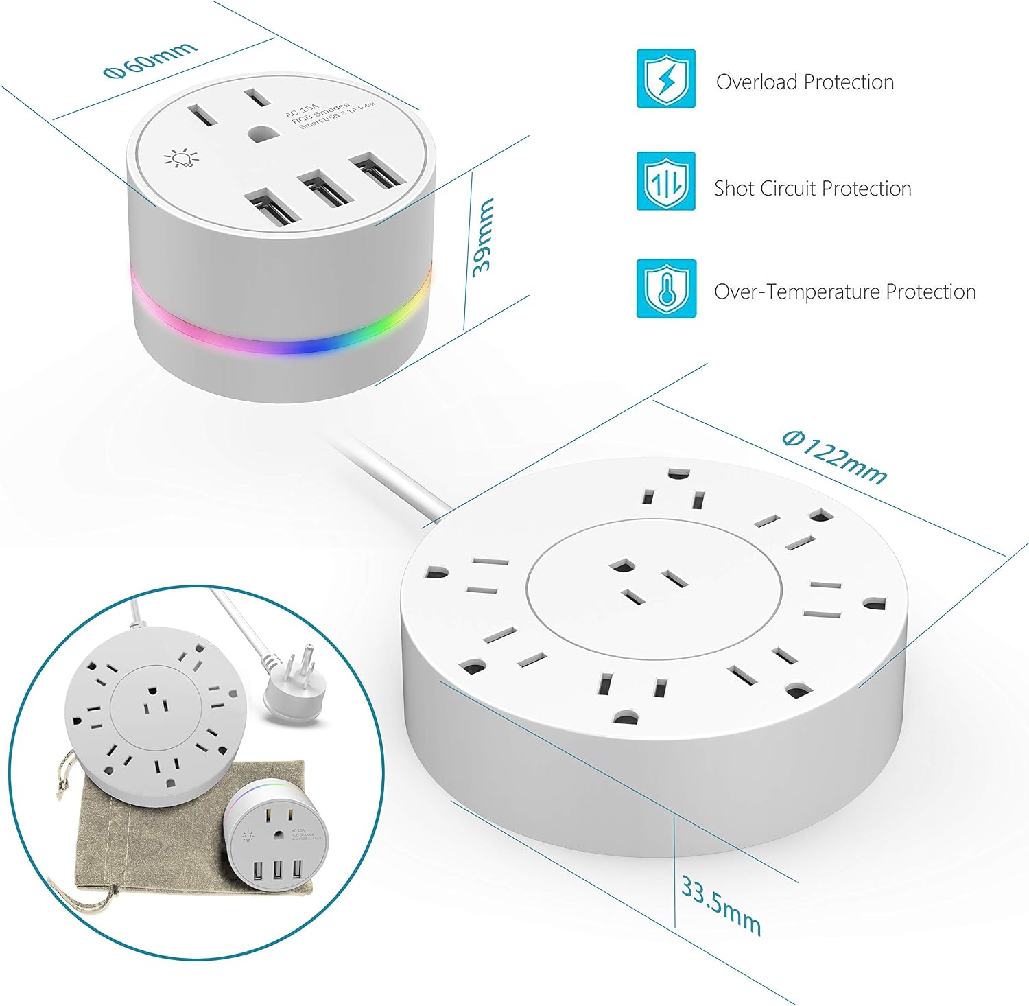 9-Outlet Surge Protector Power Strip w/3 USB Ports (3.1A) and Plug-in Night Light, 6Ft Extension Cord,Flat Plug,2-in-1 Travel Adapter for Travel Home Dorm with Travel Carrying Bag