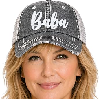 Womens Embroidered Baba or Custom Text Name Nickname | Baseball Hat Cap, Cute Embroidered Gift Clothing Present for Her, Optional Bling Rhinestones Birthday Christmas Mothers Day