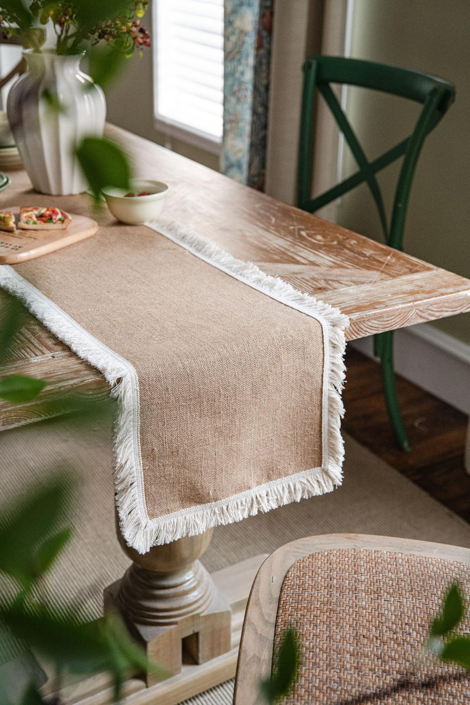 Runner da Tavolo Cotone Lino 30x220 cm, Runner da Tavola Moderno Lavabile Tinta Unita con Nappe Esterno Interni Decorazioni per Tavolino da Compleanni Matrimoni, Marrone Chiaro