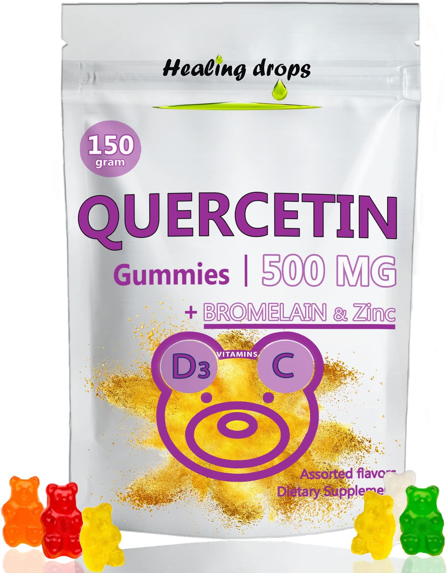 Quercetin with Bromelain Gummies - Vitamin C + Zinc + Vitamin D3 - Quercetin 500mg Gummies for Kids and Adults (1)