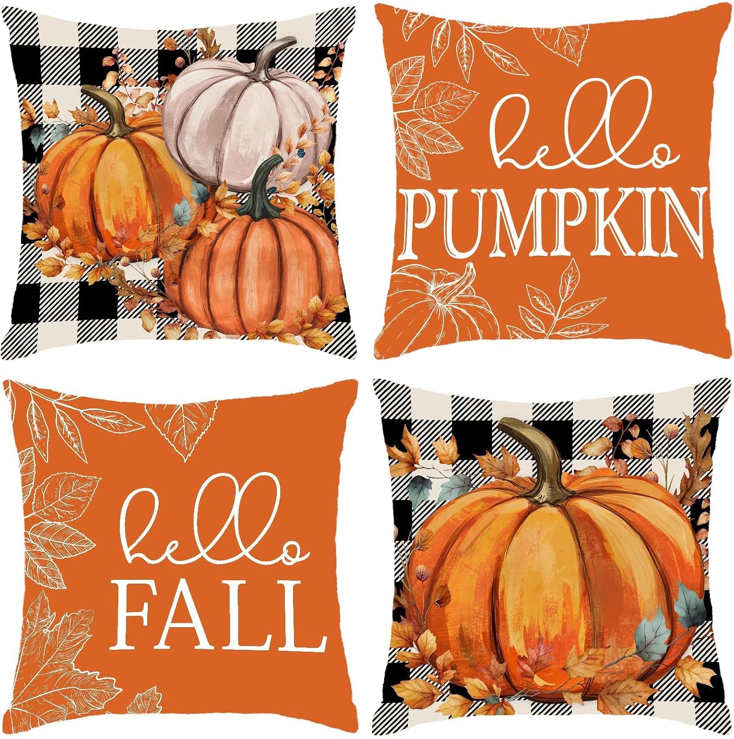 Fall Decor for Home,Fall Pillow Covers 16x16 Set of 4 Rustic Indoor Outdoor Decorations Orange Plaid Throw Pillow Covers,Hello Pumpkin Linen Autumn Cushion Case for Sofa Couch Chair Bedroom