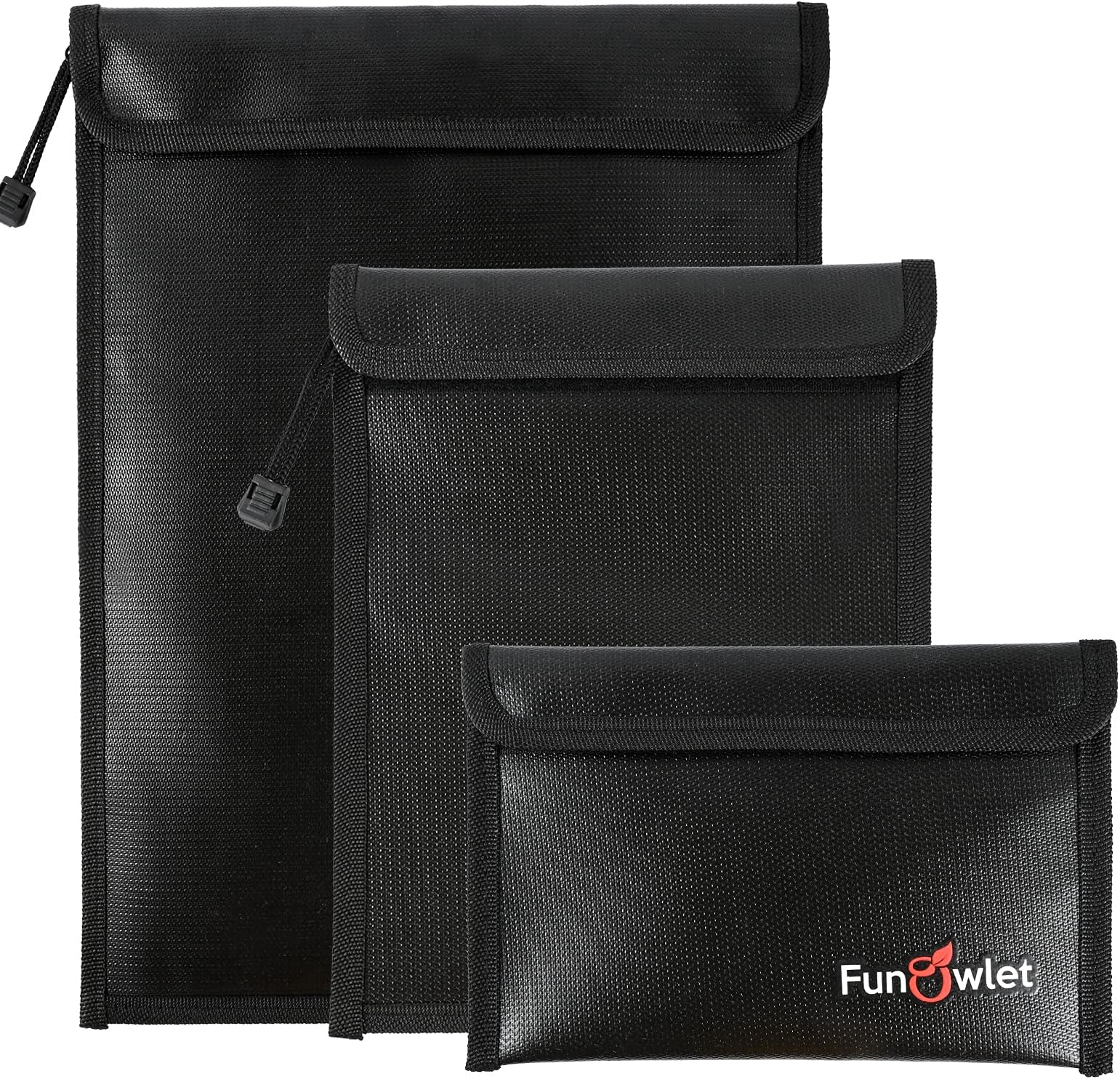 FunOwlet Fireproof Waterproof Document Bag – 3 Pack Fire and Water Resistant Zipper Storage Organizer & Money Safe Pouch Set for Important Papers, Cash, Passports, Jewelry & Electronics (Black)