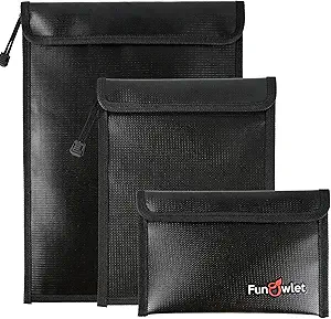 FunOwlet Fireproof Waterproof Document Bag – 3 Pack Fire and Water Resistant Zipper Storage Organizer & Money Safe Pouch Set for Important Papers, Cash, Passports, Jewelry & Electronics (Black)