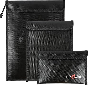 FunOwlet Fireproof Waterproof Document Bag 3 Pack Fire and Water Resistant Zipper Storage Organizer & Money Safe Pouch Set for Important Papers, Cash, Passports, Jewelry & Electronics Black