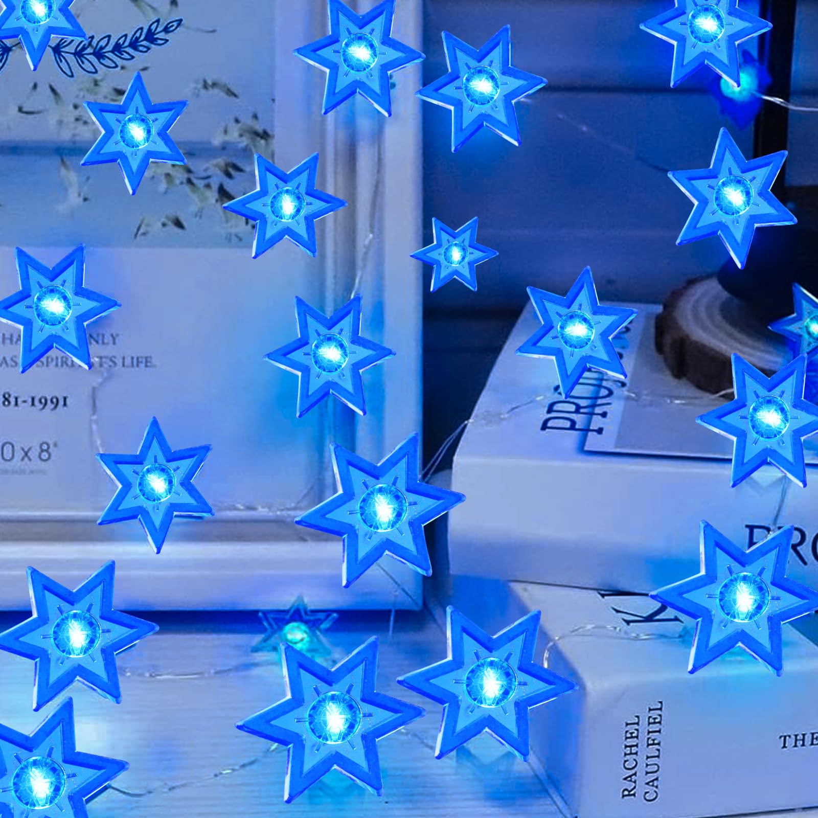Toyvian LED Lichterkette Hanukkah – 10 Blaue Sechszackige Sterne, Batteriebetrieben, 1,65 M, Für Innen & Außen