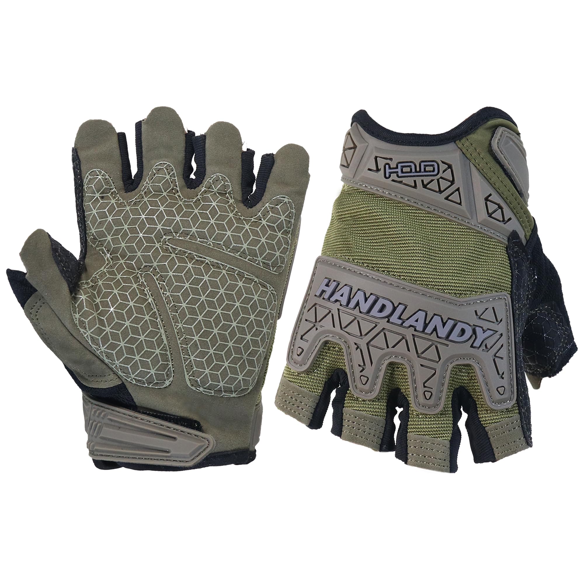 HANDLANDY Tactical Fingerless Impact Gloves for Men, Padded Grip Half Finger Work Gloves, Utility Trucker Driver Gloves (Army Green, Large (Pack of 1))