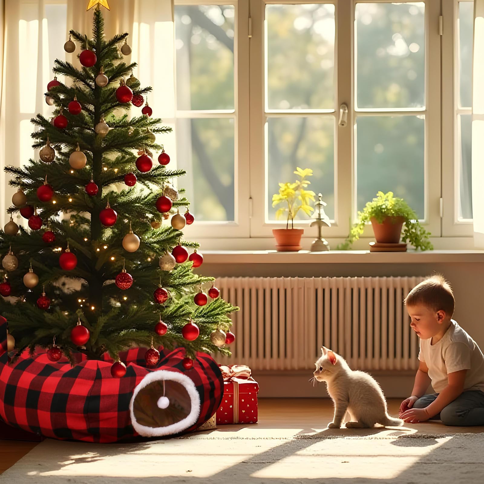 OurWarm Katzentunnel mit Weihnachtsbaumrock, Katzenbetten für Indoor-Katzen mit hängendem Ball, Büffelkariert, Weihnachtsdekorationen, Katzenhöhle für Katzen und Kleintiere, Innen- und