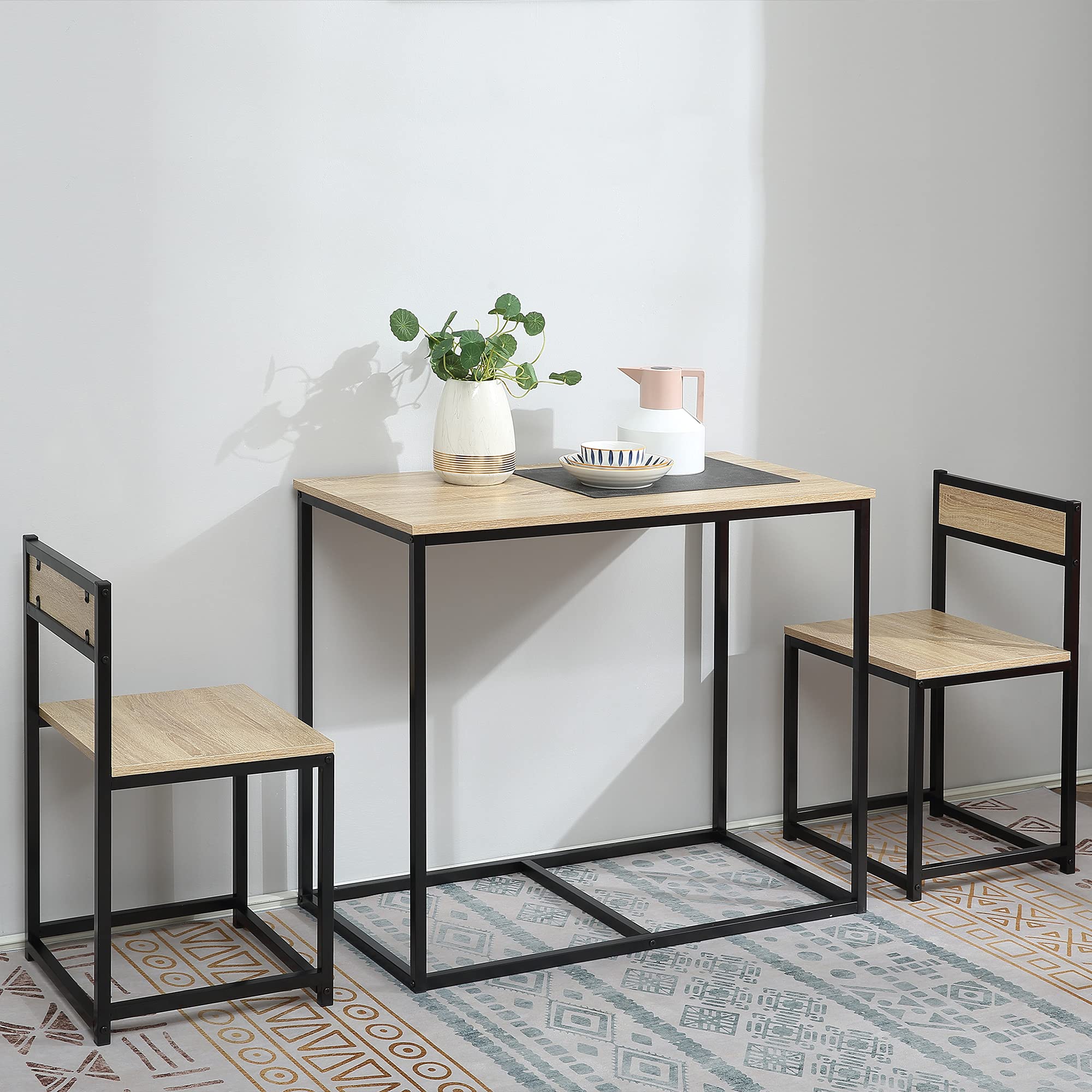 HOMCOM Ensemble Table et chaises de Salle à Manger Set de 1 Table + 2 chaises encastrables pour Cuisine - métal Noir Aspect chêne Clair