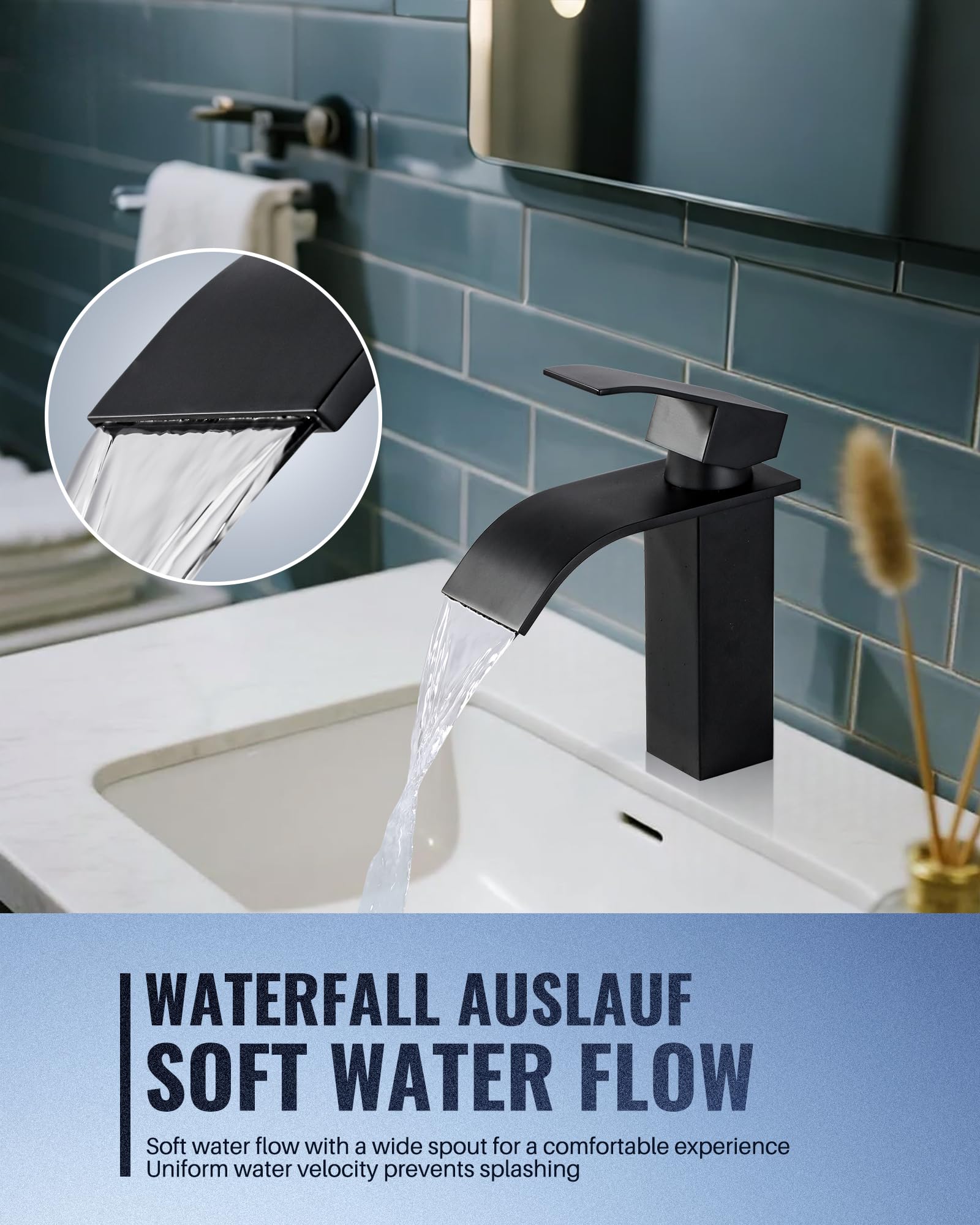 Robinet Lavabo Cascade,Robinet Lavabo Salle de Bain,Mitigeur Lavabo Salle de Bain en Laiton,Monocommande en acier inoxydable Hauteur 98mm, Lavabo Robinetterie Moderne Noir
