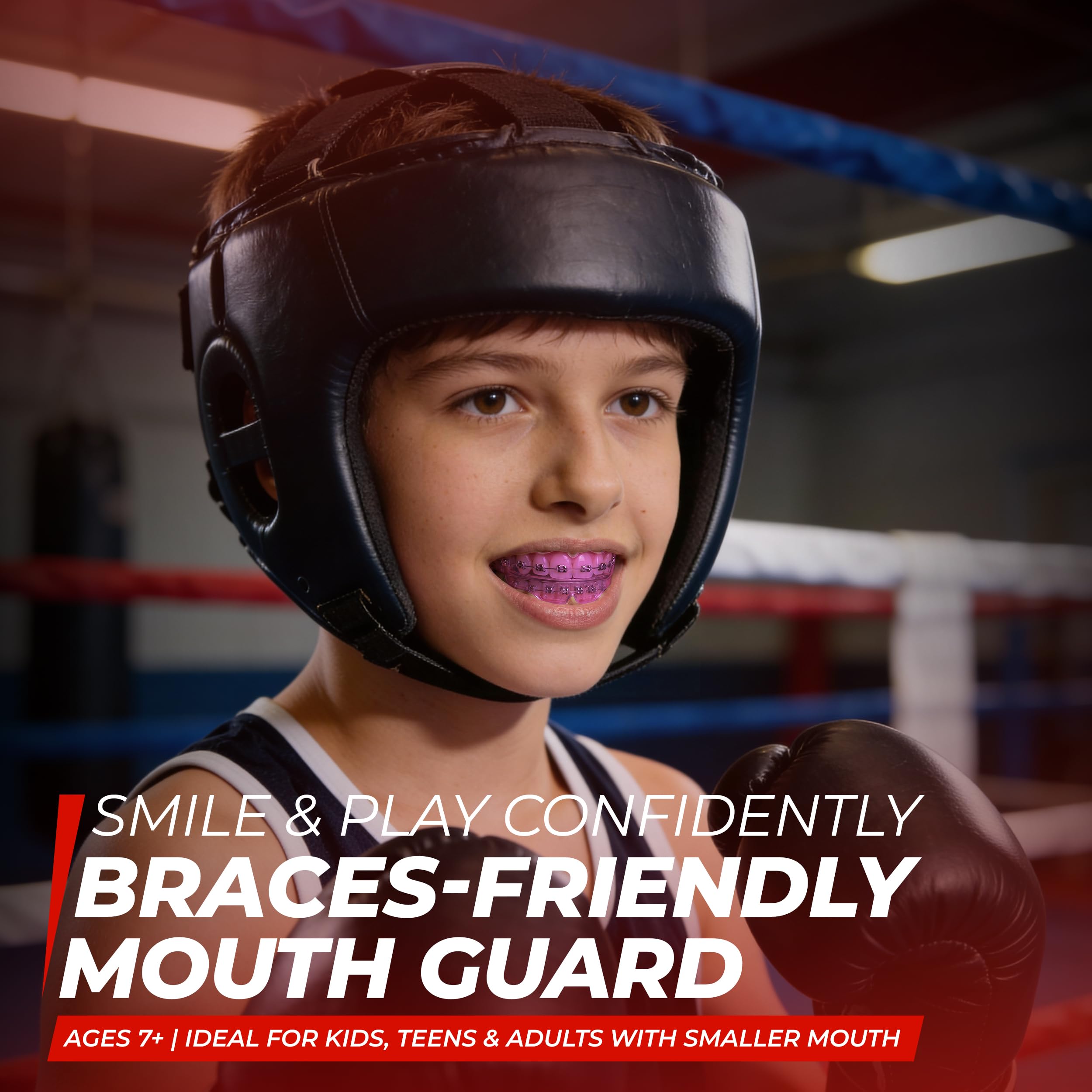 SafeGrin - Protector bucal prémium para aparatos ortopédicos, protección de dientes superiores e inferiores para deportes, fútbol, lacrosse, hockey, béisbol, ajuste cómodo para jóvenes, protector