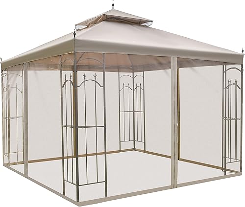 Outsunny Gazebo de patio de 10 x 10 pies, refugio de doble techo para exteriores con red y estantes de exhibición, marco de metal sólido, para
