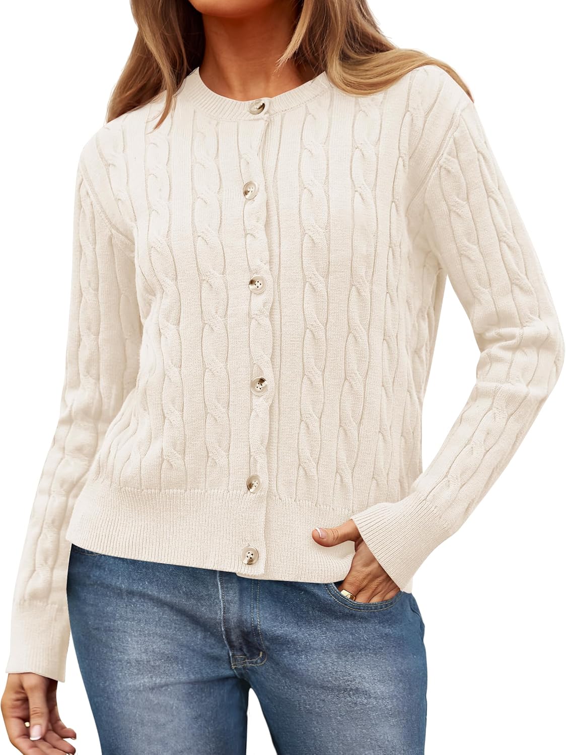 ZESICA Women’s 2024 Fall Winter Cable Knit Cardigan Sweaters Long Sleeve Crew Neck Button Open Front Outwear