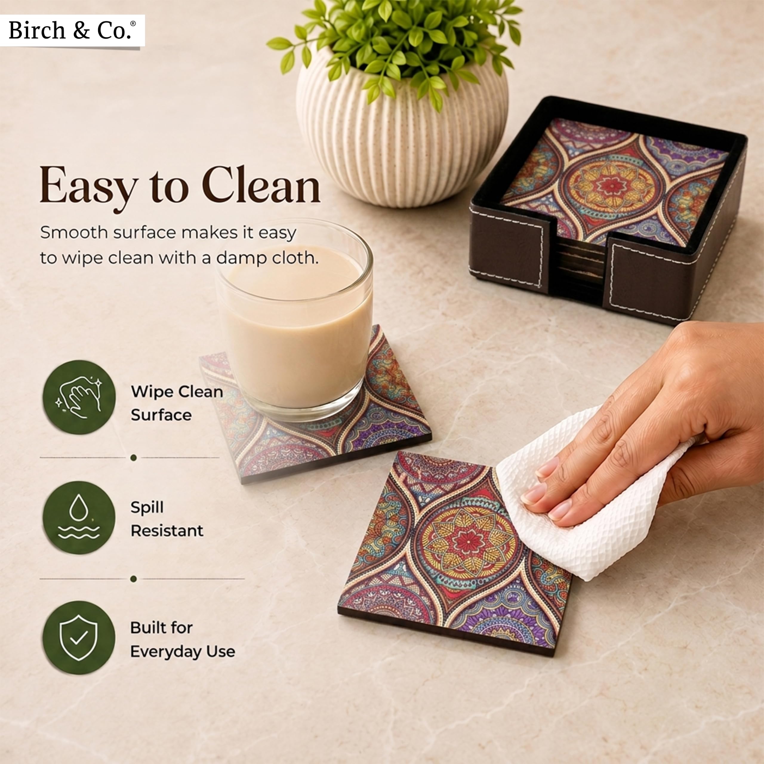 Birch & Co. Leather Coasters - Tea Coaster - Dining Table Decor Accessories - Coster Set For Dining Table For Hot Pots - Coasters For Cups Set Of 6 -Durable And Long-Lasting, Premium Finish, Mandala — Amazon image 8