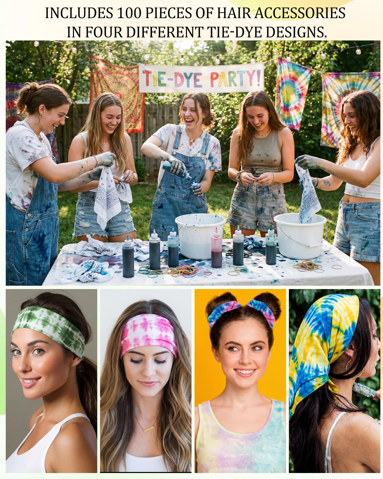 Sosation Batik-Set, weiße Baumwoll-Haargummis, Workout-Stirnbänder, weiße Stirnbänder, Yoga, feine Bandanas mit Gummibändern für Damen, Batik-Party, 100 Stück