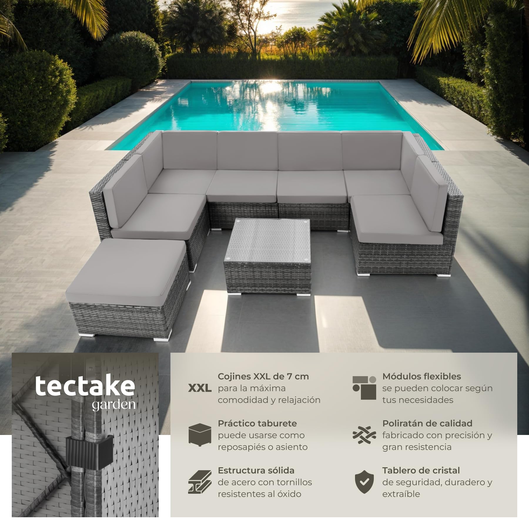 tectake® Conjunto Jardín de Ratán con Cojines, Conjunto Terraza Combinable y Resistente a la Intemperie, Muebles Jardín Exterior 6 Sillones, 1 Mesa, 1 Taburete, Estructura y Tornillos en Acero - Gris