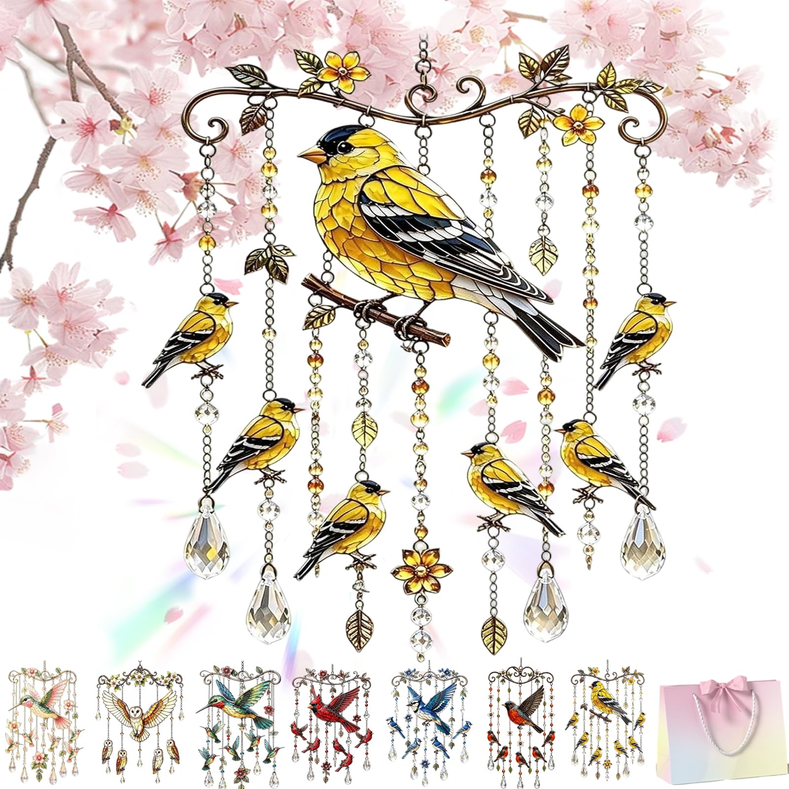 Graceful Hummingbird Wind Chime, Vintage Colorful Hummingbird Wind Chime, Hummingbird Winds Chimes for Outside, Colorful Bird Yard Decorations Outdoor for Patio Balcony Porch Garden (yellow)