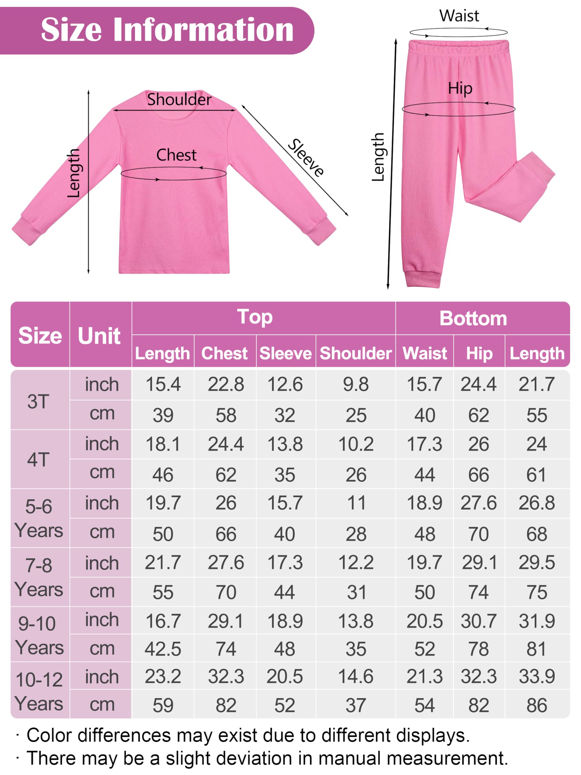 Resinta 3 Sets Girls Waffle Thermal Underwear Set Winter Waffle Cotton Thermal Top and Bottom Long Johns Warm Base Layer