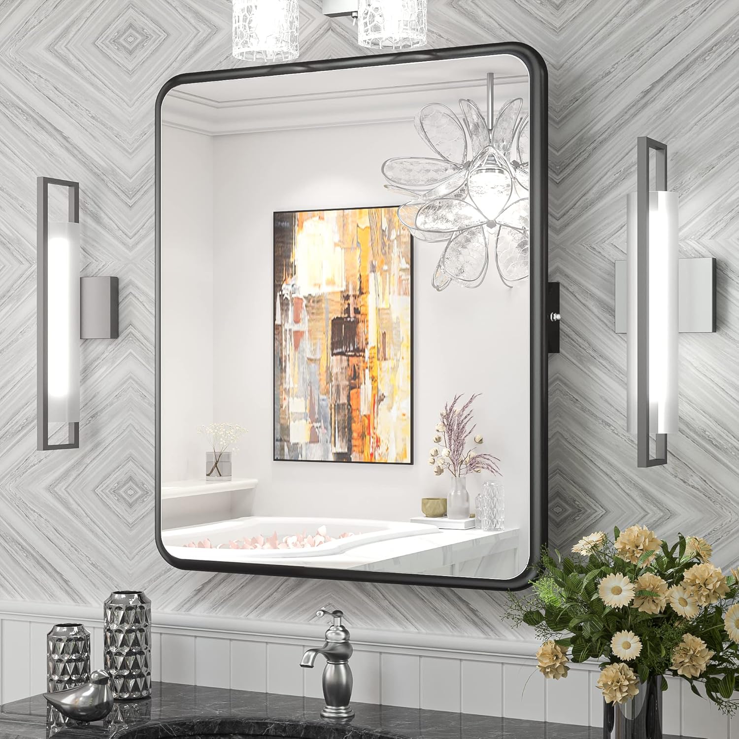 TokeShimi 22 x 26 Inch Pivot Tilting Mirror Bathroom Black for Horizontal/Vertical Farmhouse Modern, Non-Rusting Aluminum Alloy Frame Tilted Up or Down by 10°, Distance from Wall 3.4IN Black 22X26IN