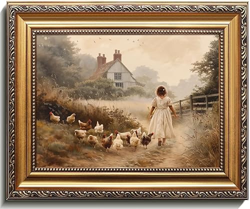 uniro Arte de pared vintage enmarcado en oro, decoración de pared de granja de pollos de granja de gallinas, impresiones artísticas de lienzo,