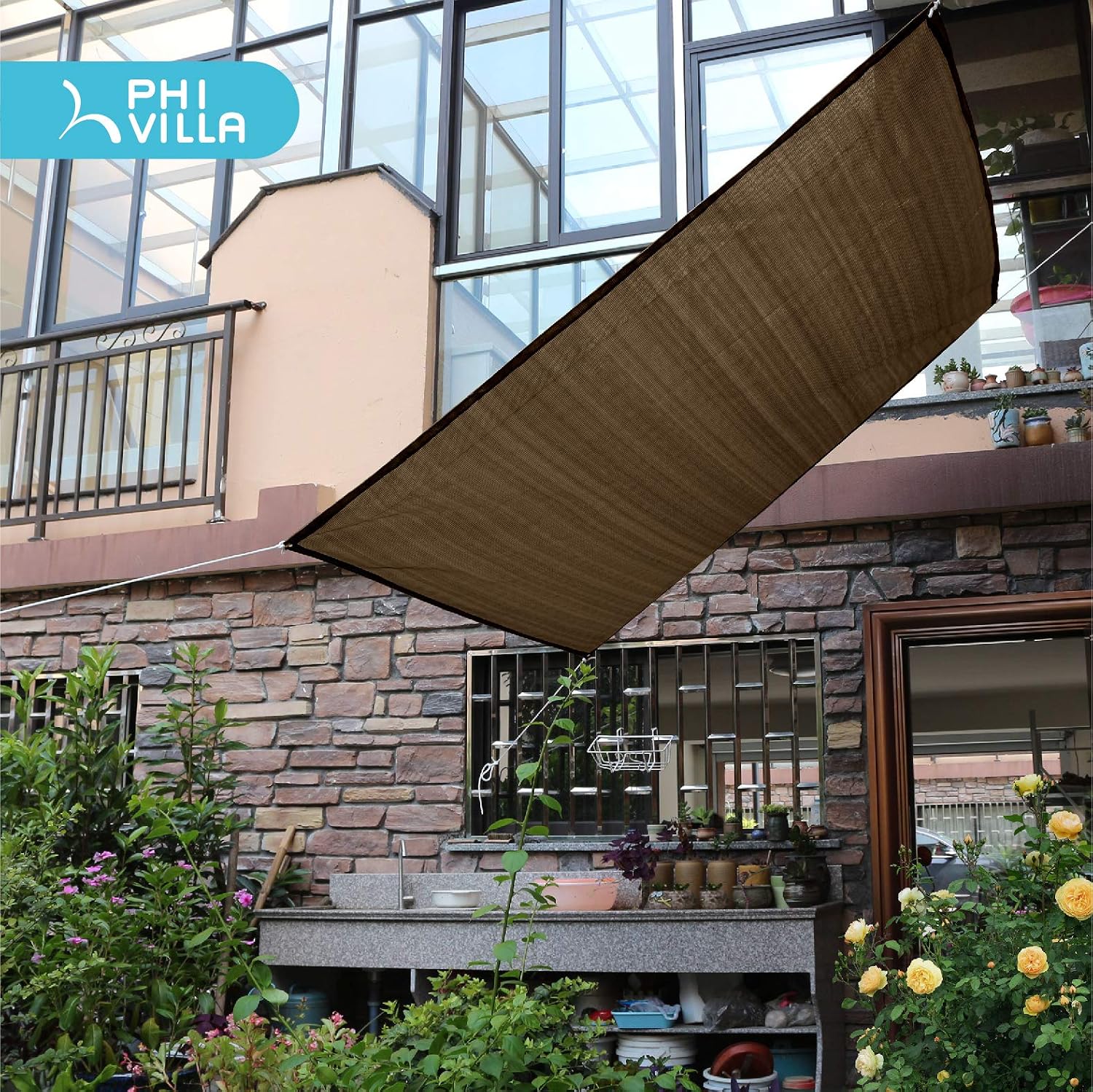 PHI VILLA Sun Shade Sail Rectangle 12' x 12', 185GSM Pergola Cover Shade, Coffee