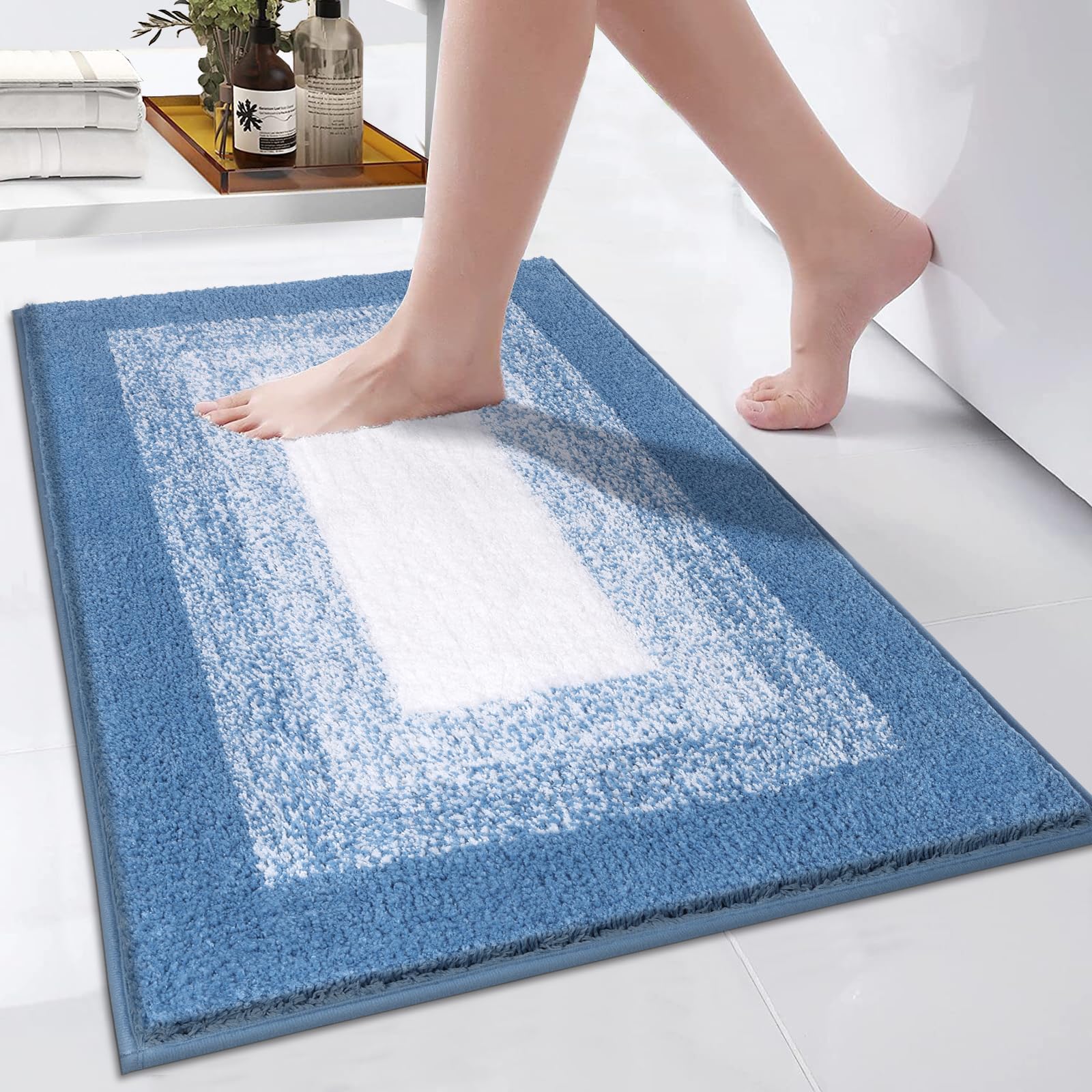 Enyhom Microfiber Soft Bath Mats Non Slip Washable Shower Bathroom Mats Super Absorbent Bathroom Floor Mats(Blue, 60 x 90 cm)