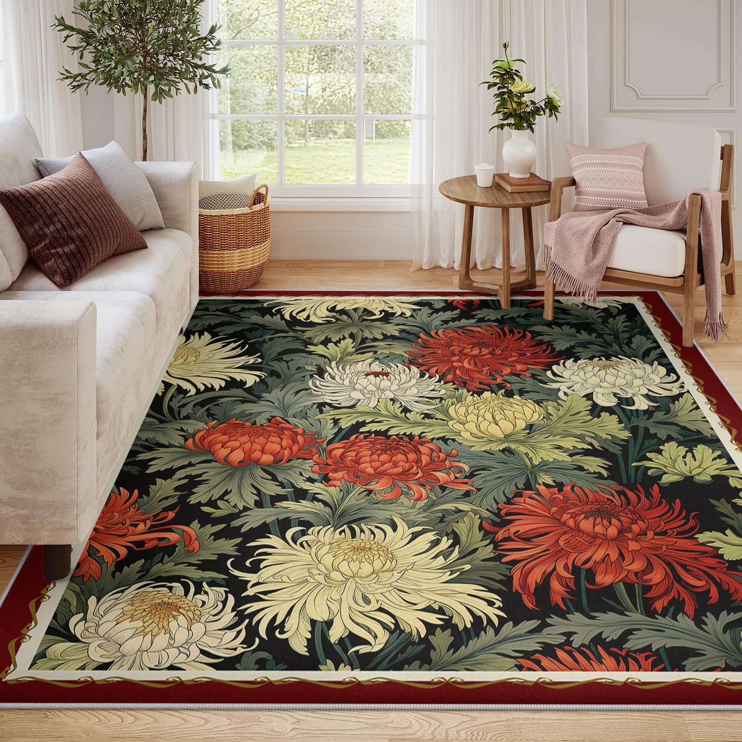 Tapis d'espace salon 60x90 lavable fleur de chrysanthème fleurioriental