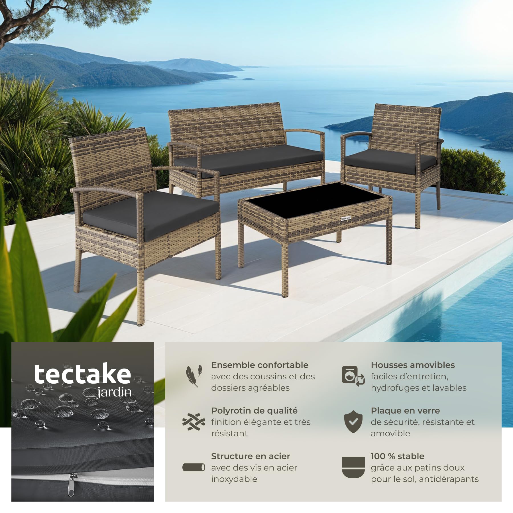 Tectake® Ensemble Salon De Jardin Exterieur En Résine Tressée